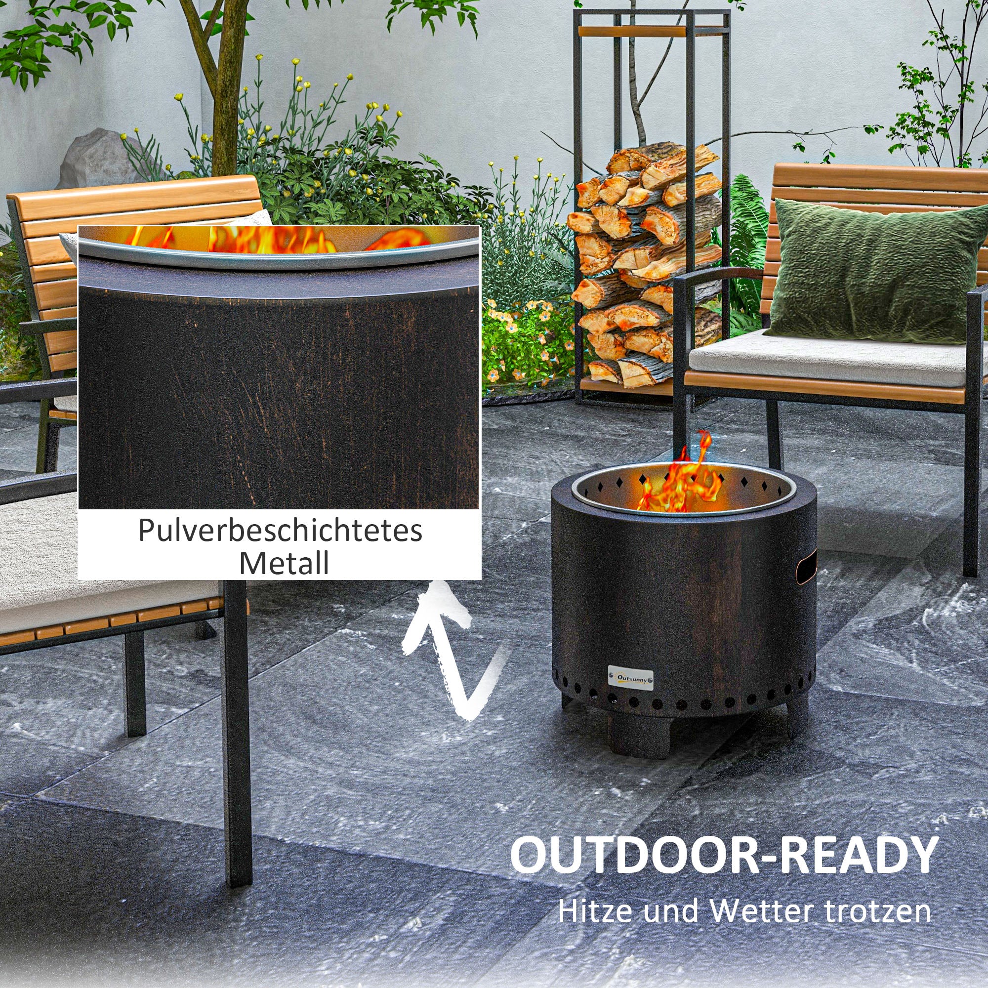 Fire Bowl, Smokeless Table Fire, Ø45 cm Fire Pit with Handle, Poker, Fire Basket for Garden, Camping, Patio, Metal, Black