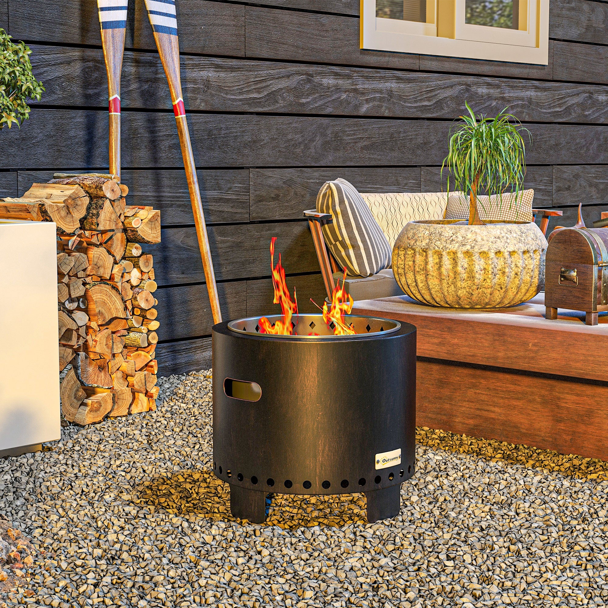 Fire Bowl, Smokeless Table Fire, Ø45 cm Fire Pit with Handle, Poker, Fire Basket for Garden, Camping, Patio, Metal, Black