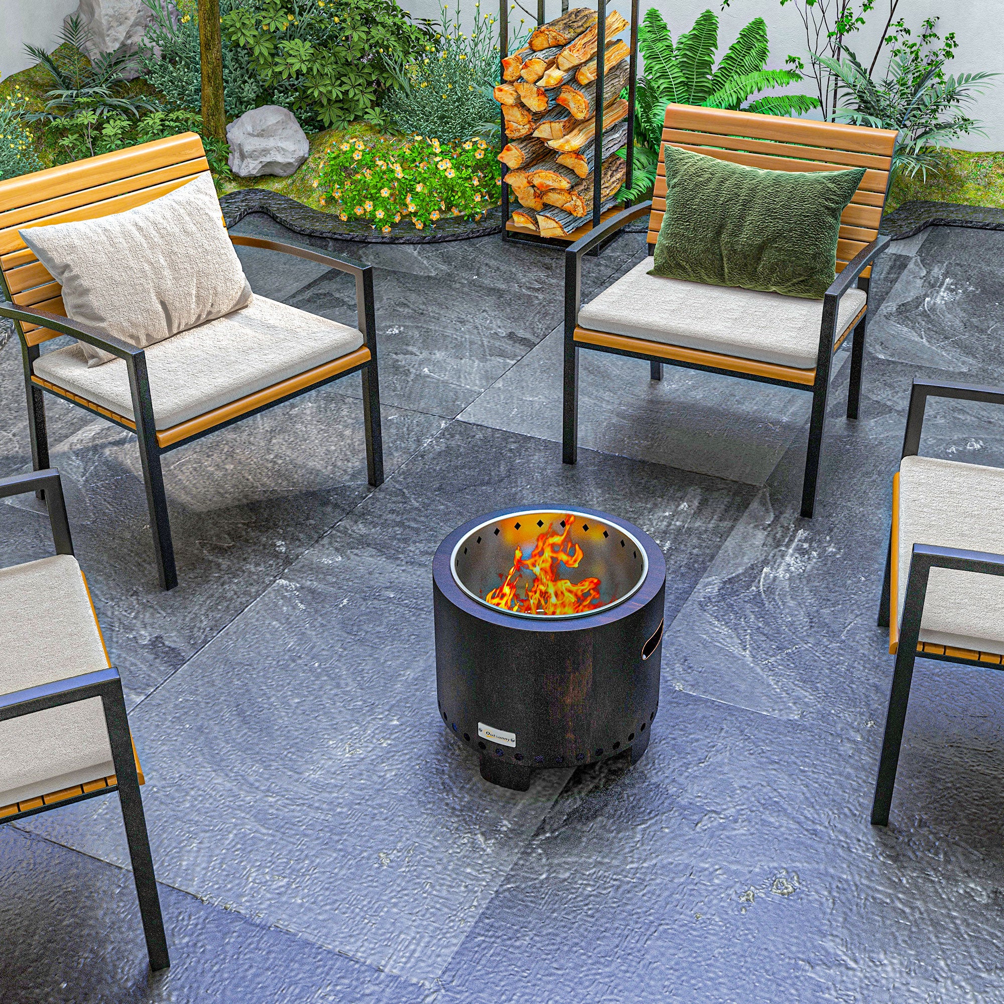 Fire Bowl, Smokeless Table Fire, Ø45 cm Fire Pit with Handle, Poker, Fire Basket for Garden, Camping, Patio, Metal, Black