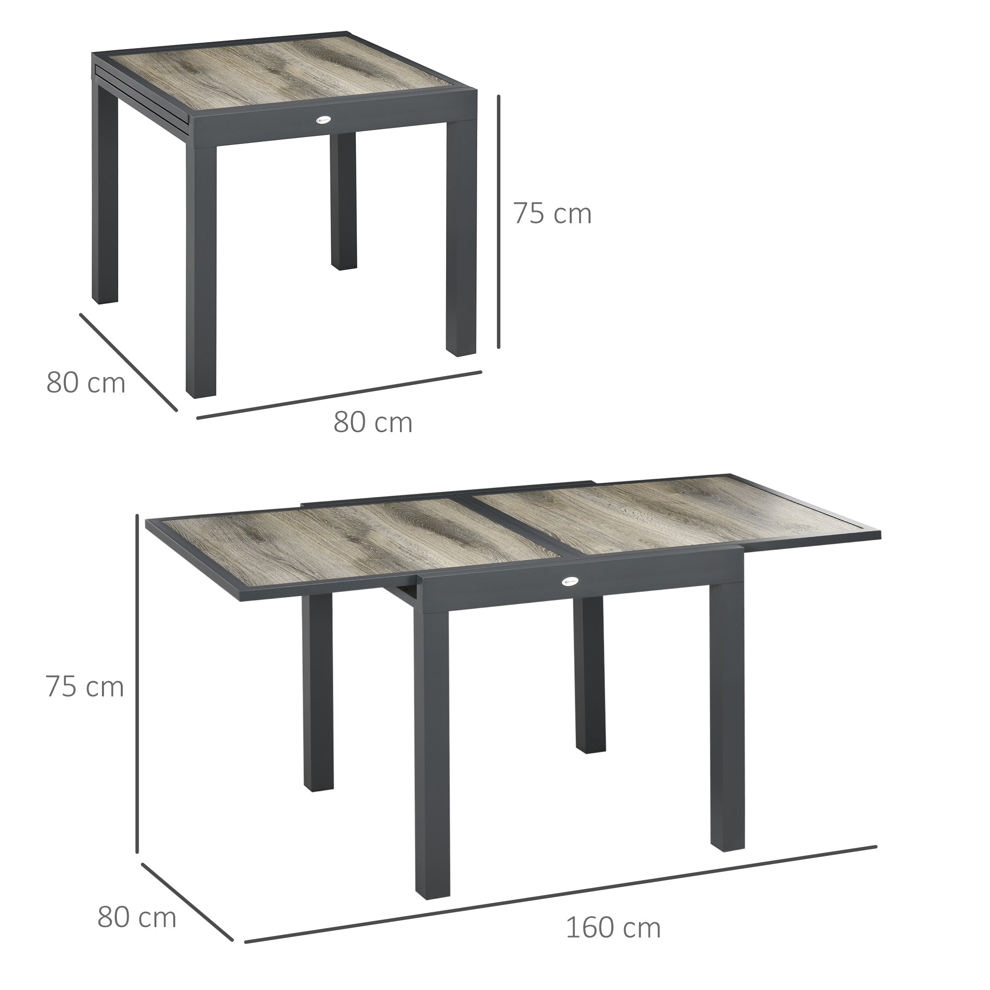 Garden Table, Dining Table for Garden with Extendable Tabletop, Terrace Table with Wood Effect, Balcony Table made of Aluminum, Beige+Gray, 160 x 80 x 75cm