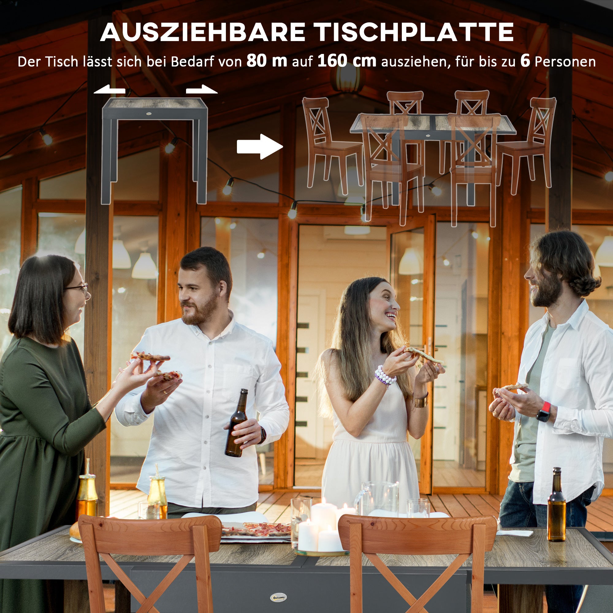 Garden Table, Dining Table for Garden with Extendable Tabletop, Terrace Table with Wood Effect, Balcony Table made of Aluminum, Beige+Gray, 160 x 80 x 75cm