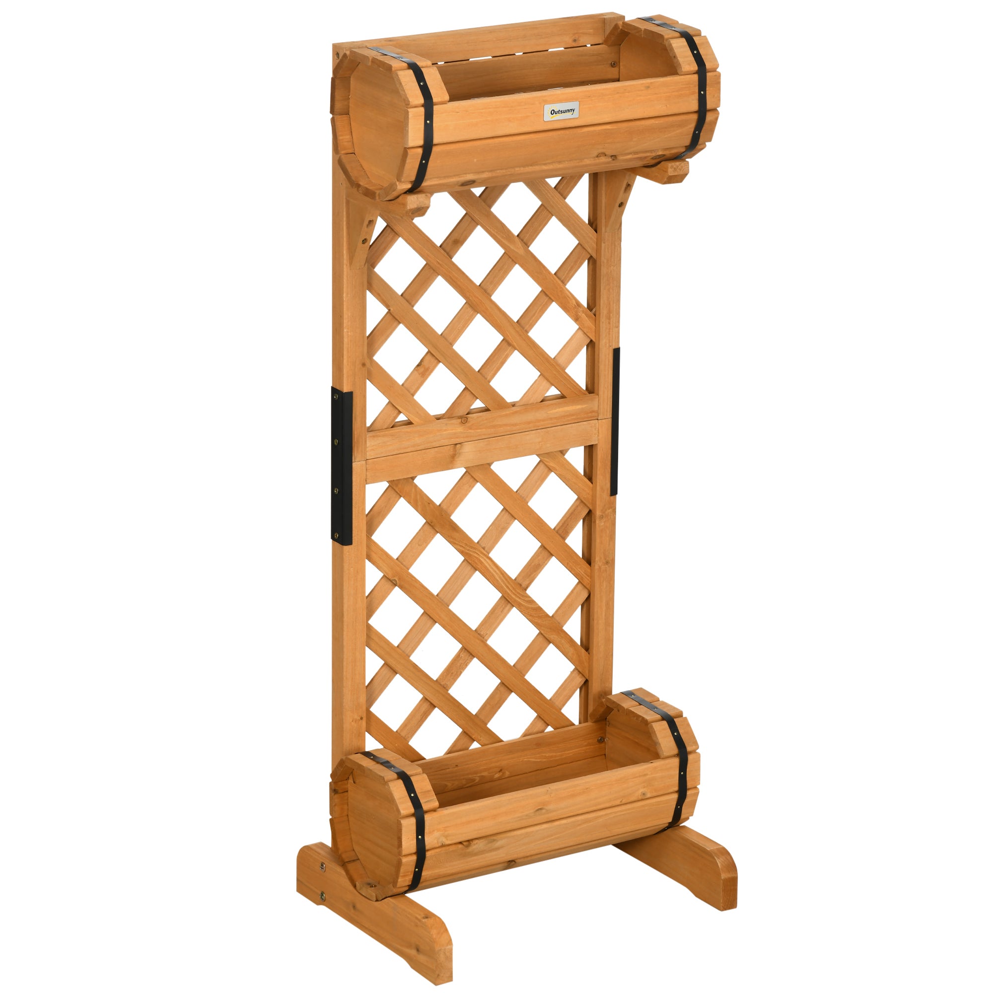 Half Barrel Brown Planter Box made of Pine Wood with Trellis for Climbing Plants, 45x35x112 cm