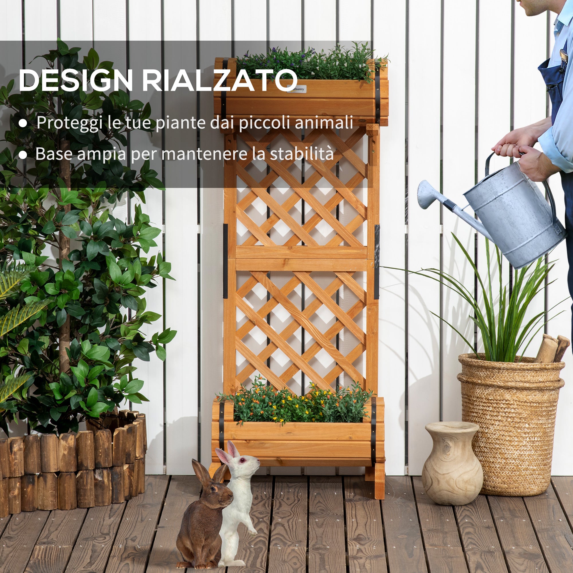 Half Barrel Brown Planter Box made of Pine Wood with Trellis for Climbing Plants, 45x35x112 cm