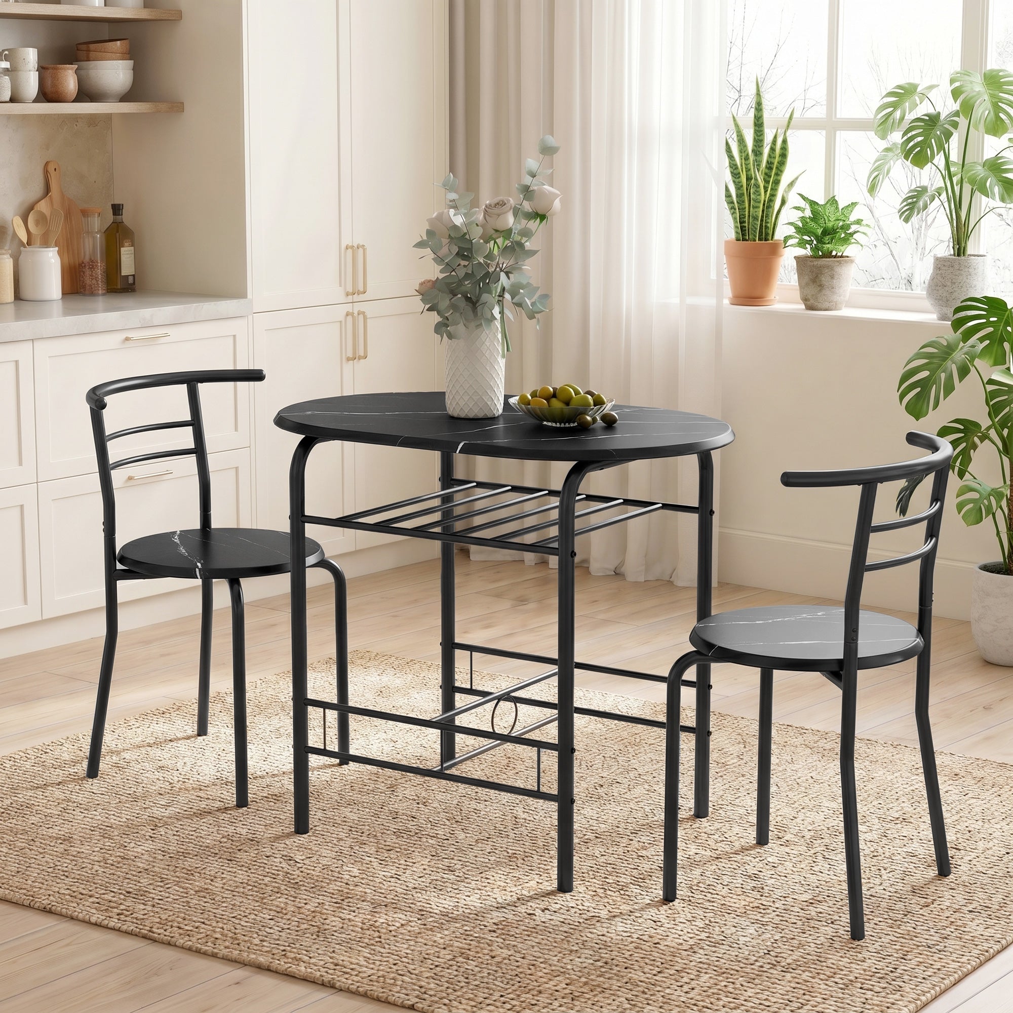 3-Piece Dining Set — 31.5" Kitchen Table with Two Chairs and Shelf, Ideal for Small Spaces, Apartment, Living/Dining Room, Black Marble Finish