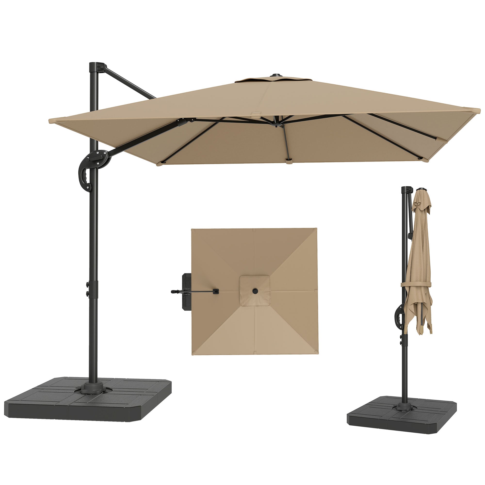 Offset Square Cantilever Umbrella 2.4 x 2.4 m (8' x 8') with Base & Weight Plates — Aluminum 360° Rotating Pedal Pole, UPF50+, 5-Position Tilt, Khaki