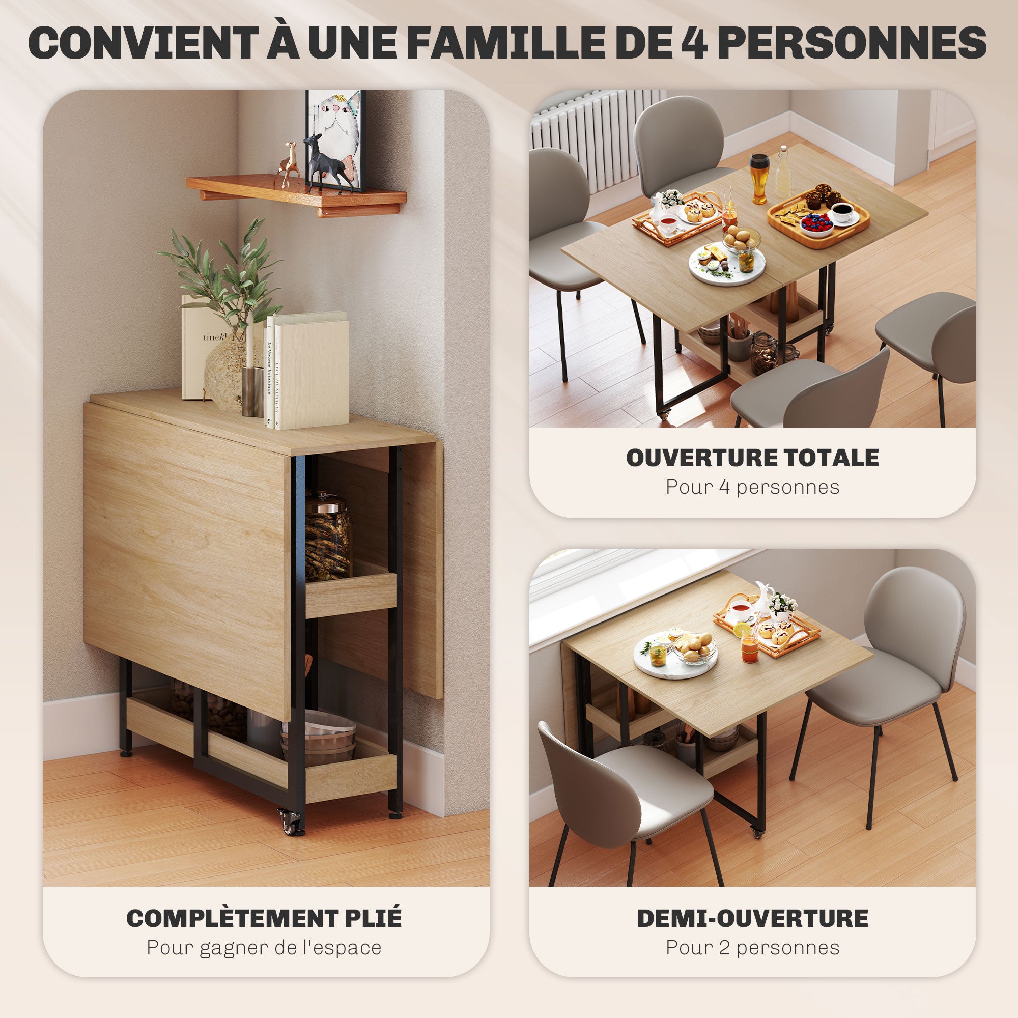Folding Dining Table, Rectangular Extendable Kitchen Table on Wheels for up to 4 People with Open Compartments, for Small Spaces, Dining Room, Oak