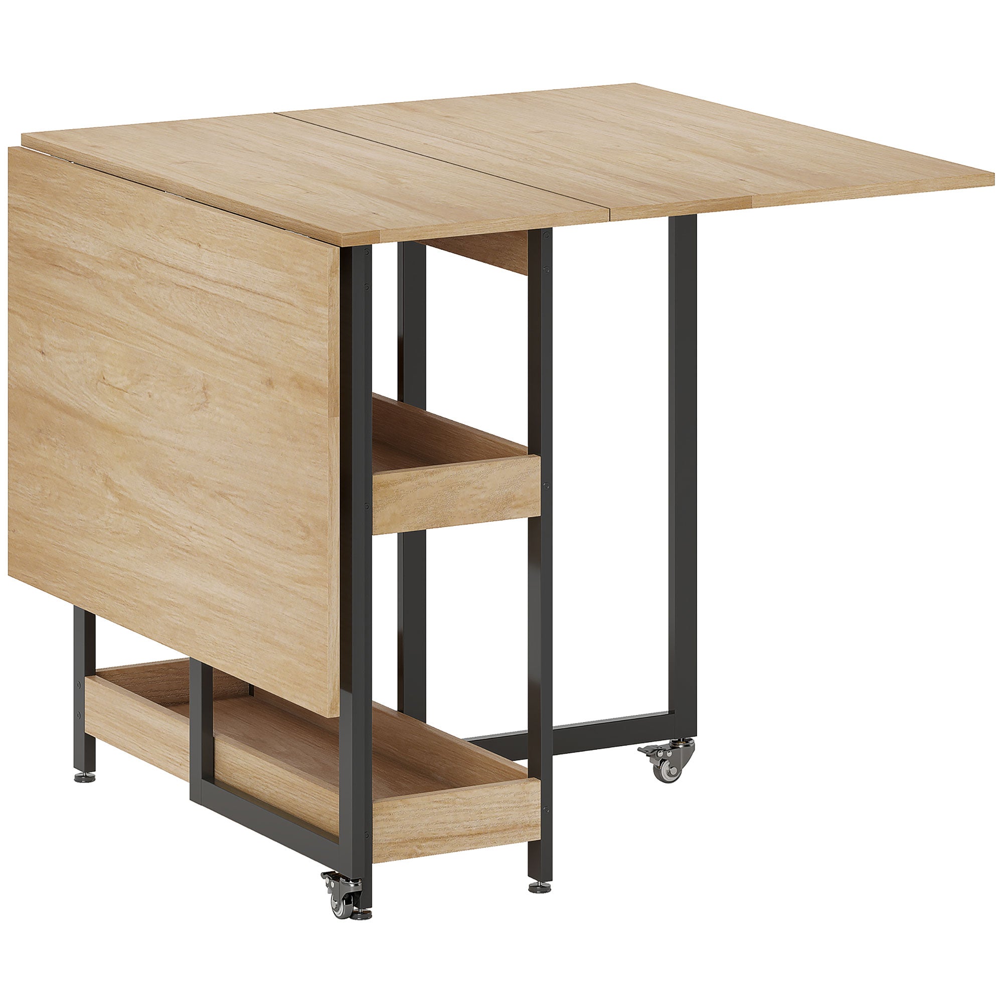Folding Dining Table, Rectangular Extendable Kitchen Table on Wheels for up to 4 People with Open Compartments, for Small Spaces, Dining Room, Oak