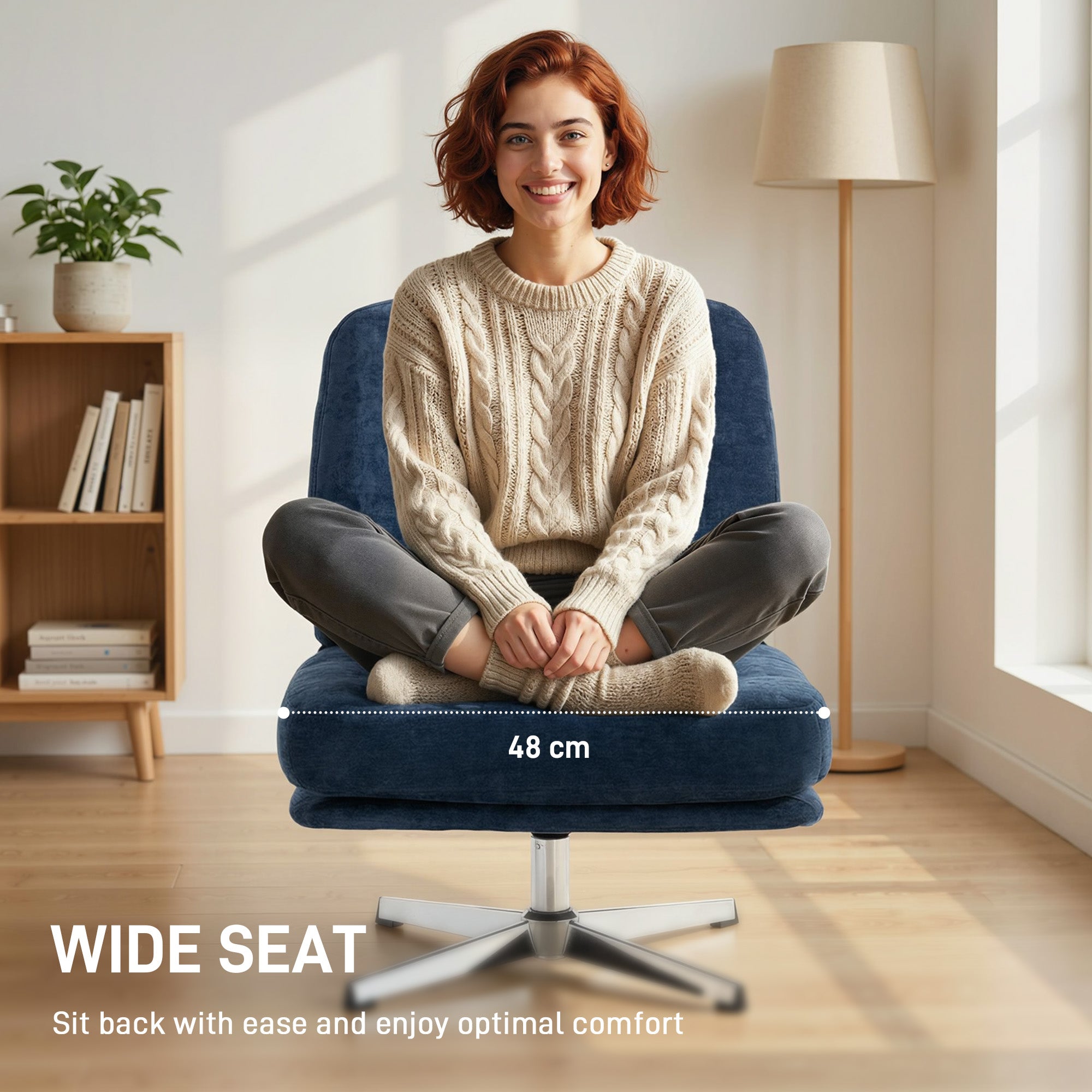 Chenille Swivel Lounge Chair, Extra-Wide Accent Armchair with Metal Legs, Modern Upholstered Chair for Living Room & Bedroom — Dark Blue