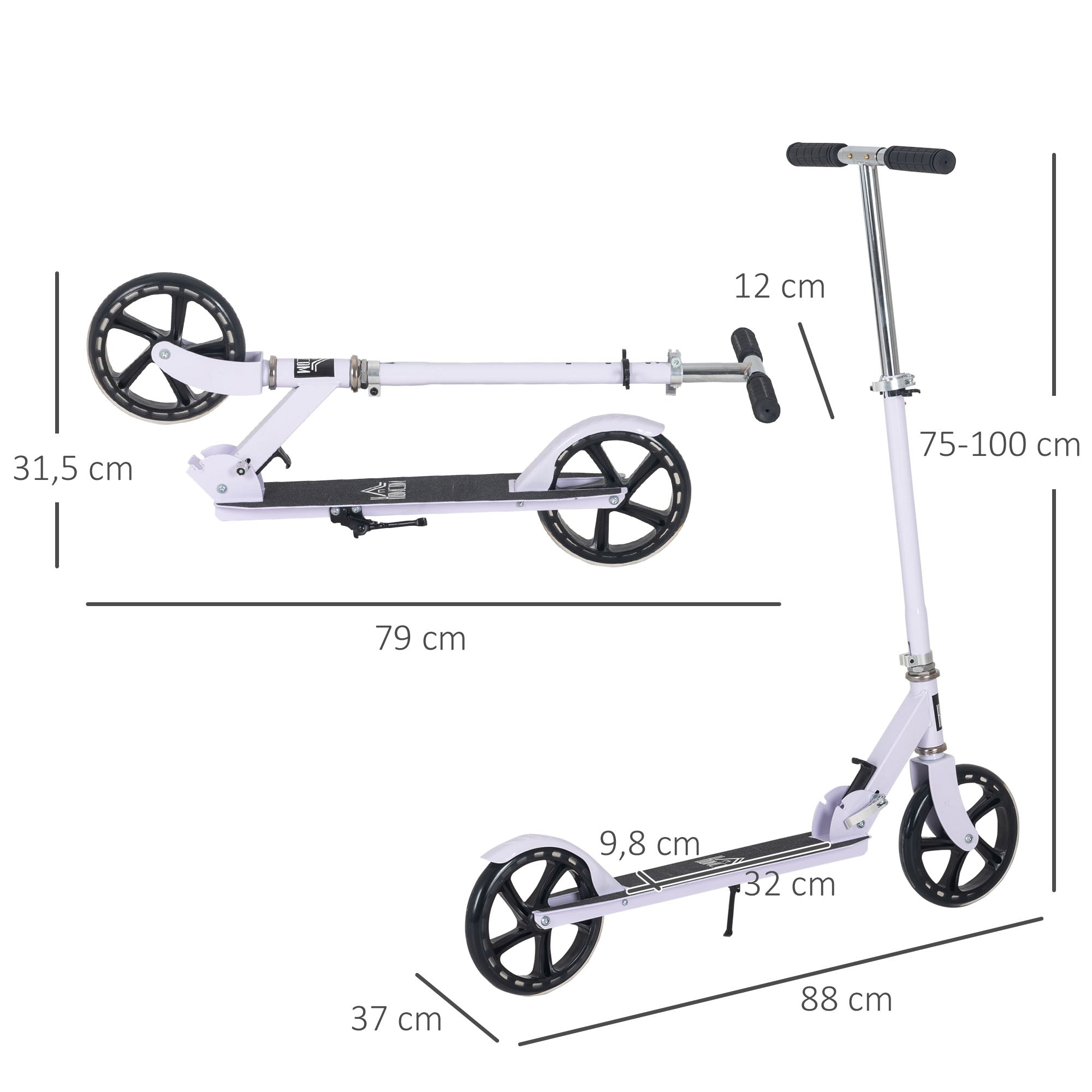 Folding Scooter for Kids 7-14 Years Adjustable Height Handlebar 4 Levels with Brake 88x37x100 cm White