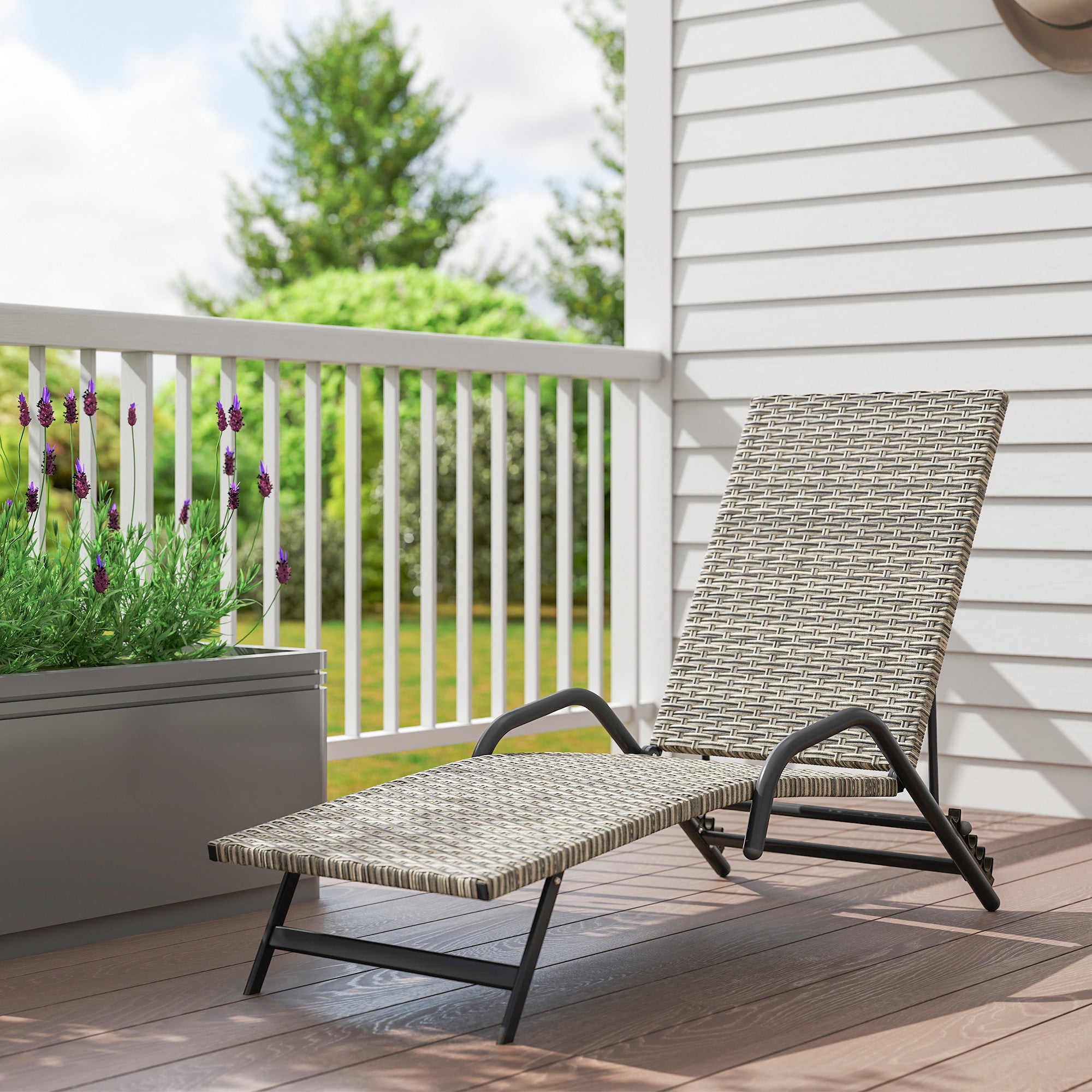 Braided Resin Sun Lounger, Reclining Outdoor Garden Sunbed, Adjustable in 4 levels, S-shaped, for camping pool terrace, 156 x 62 x 96 cm, brown