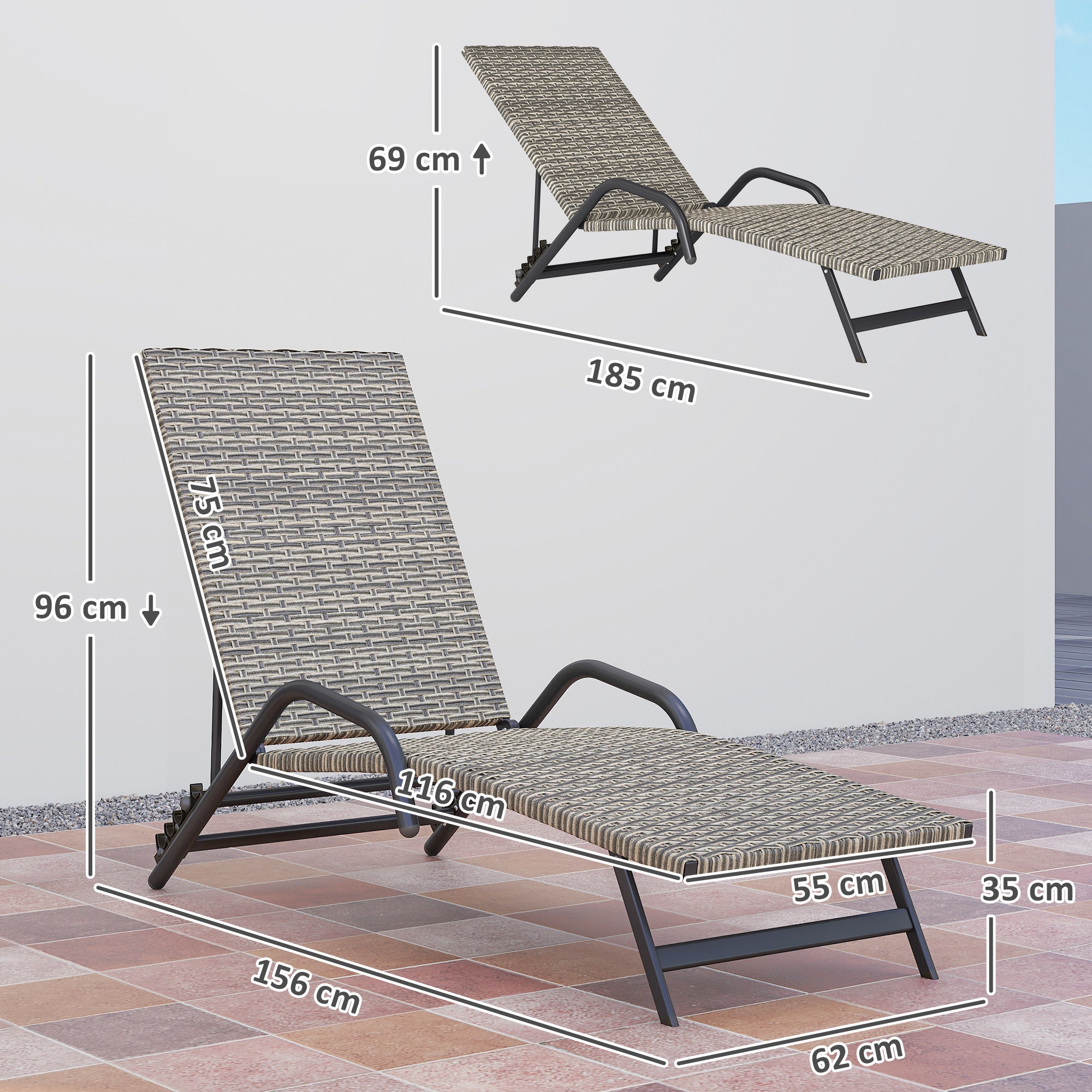 Braided Resin Sun Lounger, Reclining Outdoor Garden Sunbed, Adjustable in 4 levels, S-shaped, for camping pool terrace, 156 x 62 x 96 cm, brown