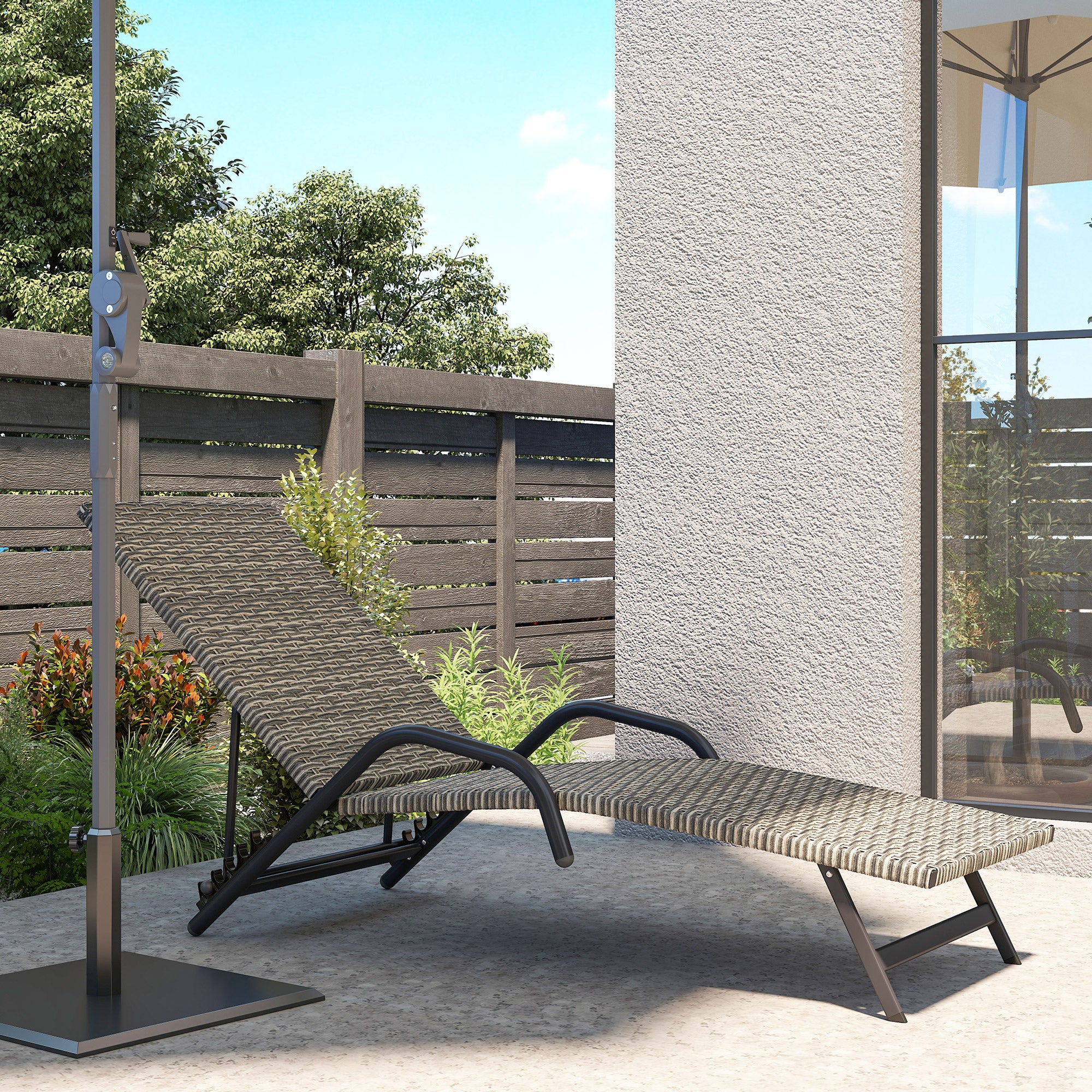 Braided Resin Sun Lounger, Reclining Outdoor Garden Sunbed, Adjustable in 4 levels, S-shaped, for camping pool terrace, 156 x 62 x 96 cm, brown