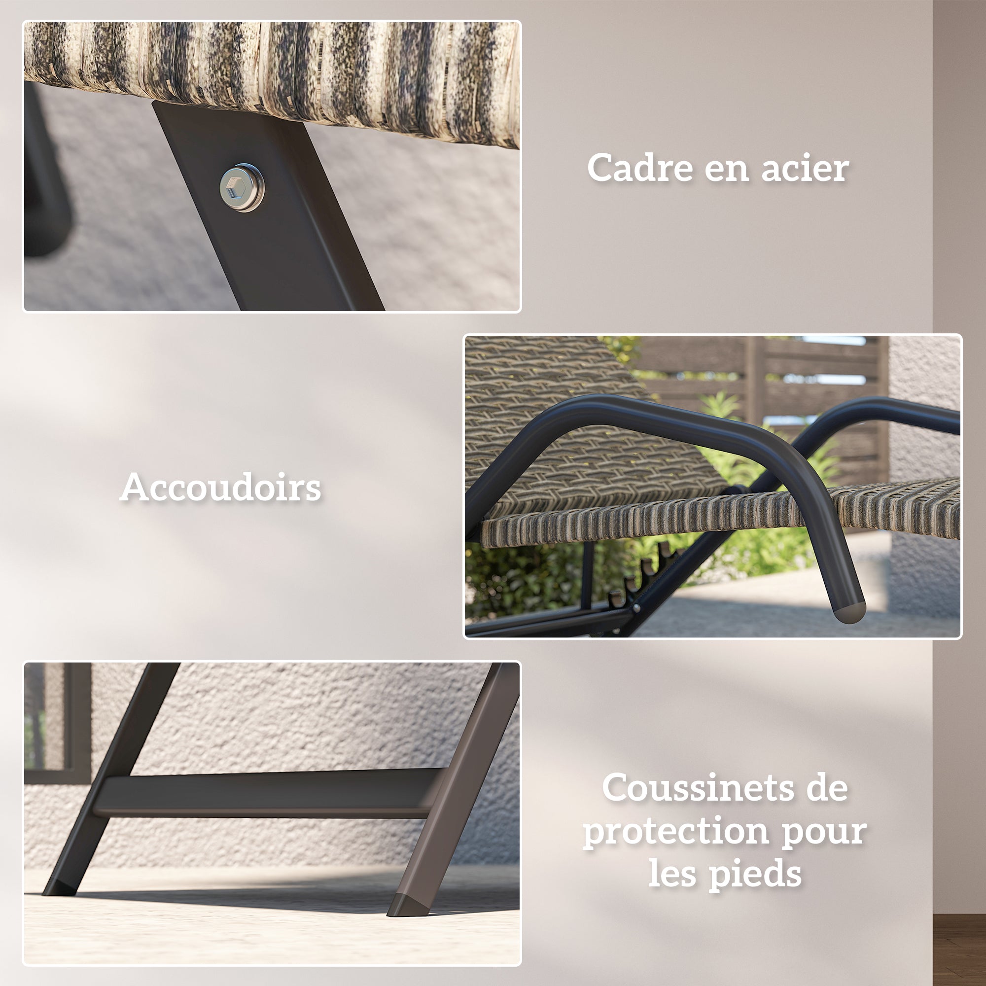 Braided Resin Sun Lounger, Reclining Outdoor Garden Sunbed, Adjustable in 4 levels, S-shaped, for camping pool terrace, 156 x 62 x 96 cm, brown