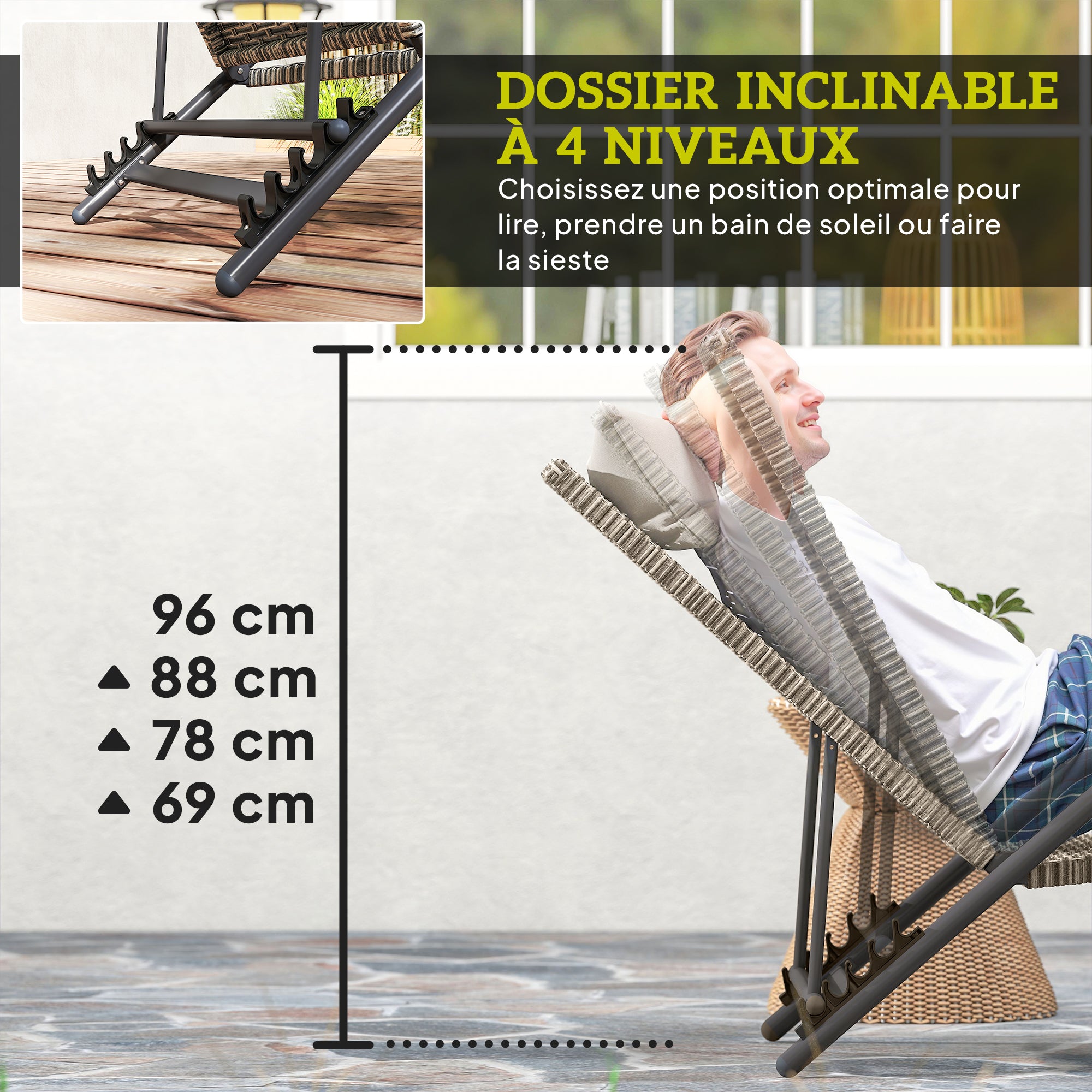 Braided Resin Sun Lounger, Reclining Outdoor Garden Sunbed, Adjustable in 4 levels, S-shaped, for camping pool terrace, 156 x 62 x 96 cm, brown