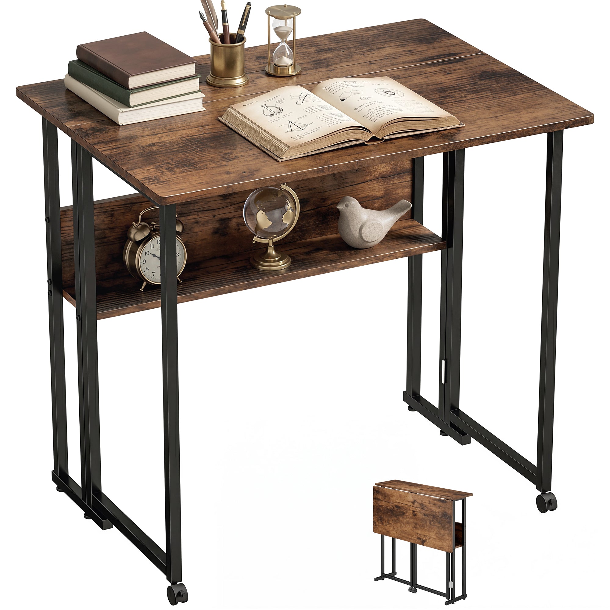 Folding Desk with Shelf, 31.5 in Computer Table for Small Spaces — Industrial Folding Desk on Wheels, Easy Assembly, Rustic Brown