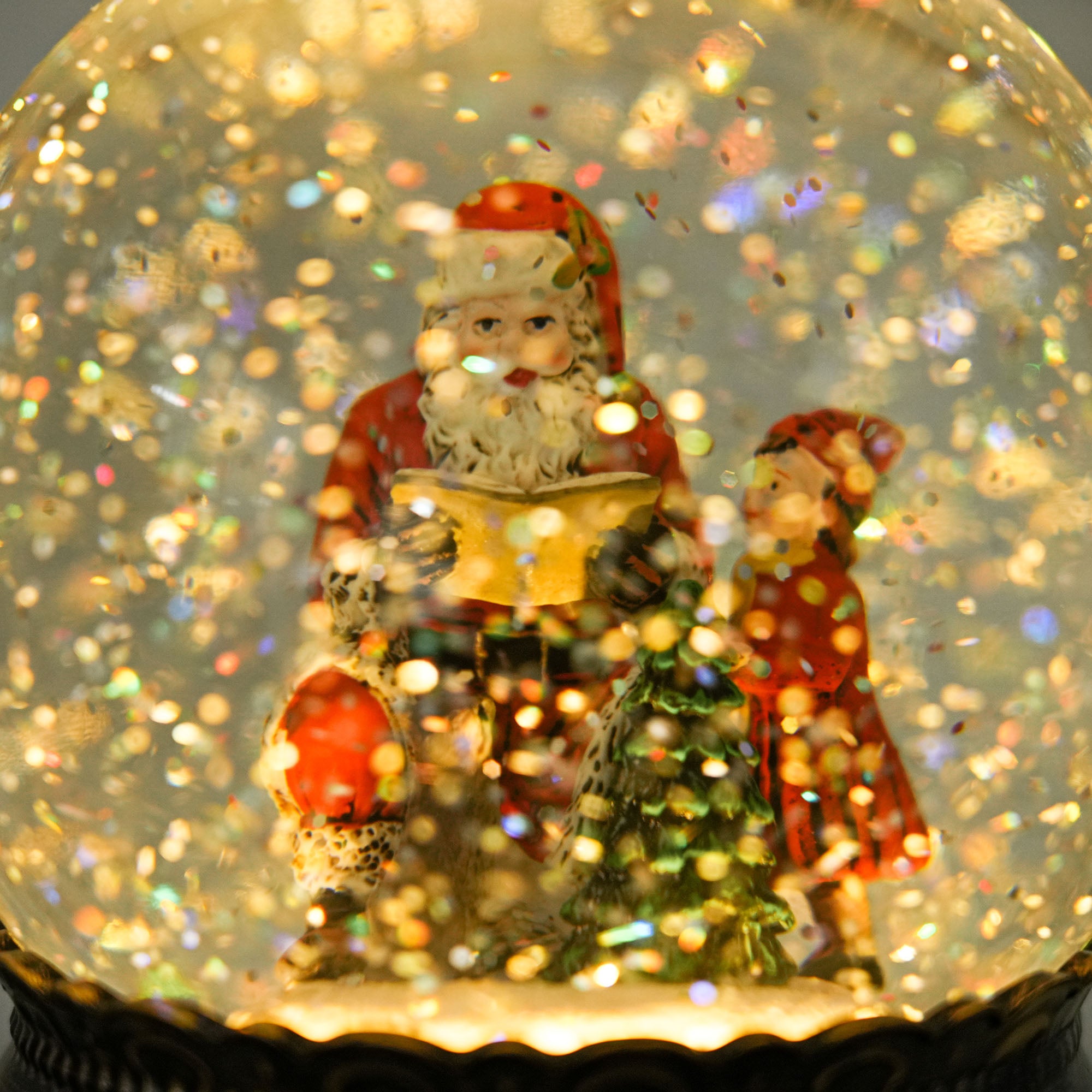 Christmas Snow Globe with Music and Lights Snow Globe with Santa Claus and Child Scene for Christmas Decoration Holiday Gift Bronze