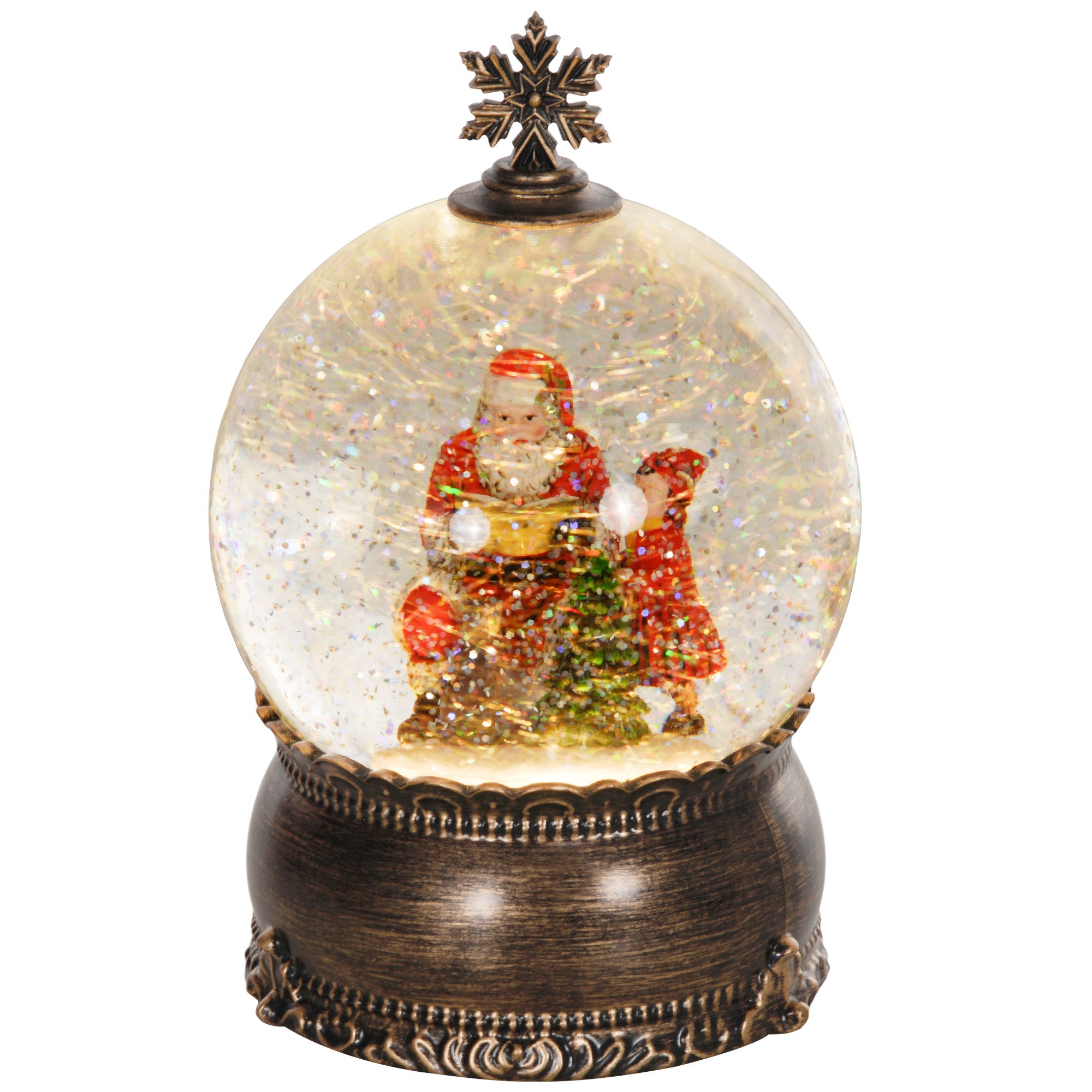 Christmas Snow Globe with Music and Lights Snow Globe with Santa Claus and Child Scene for Christmas Decoration Holiday Gift Bronze