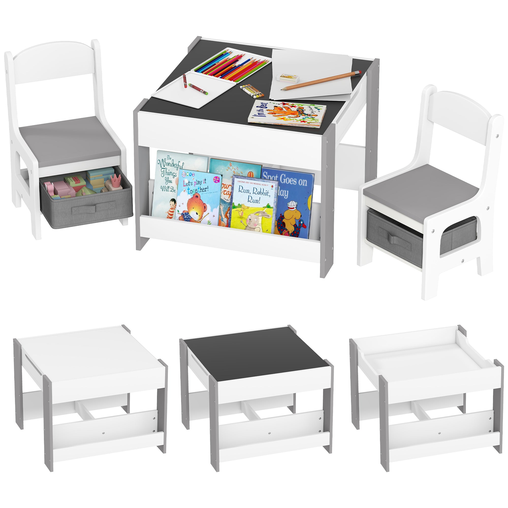 3-Piece Children's Table and 2 Chairs Set with Reversible Blackboard Tabletop, Storage Basket, Shelves - Gray