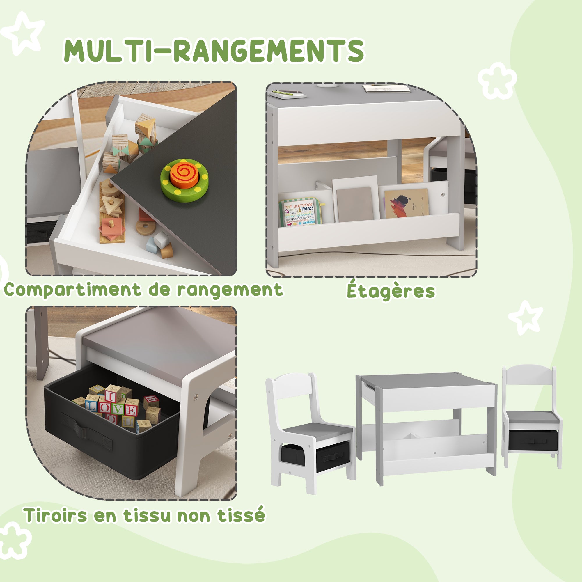 3-Piece Children's Table and 2 Chairs Set with Reversible Blackboard Tabletop, Storage Basket, Shelves - Gray