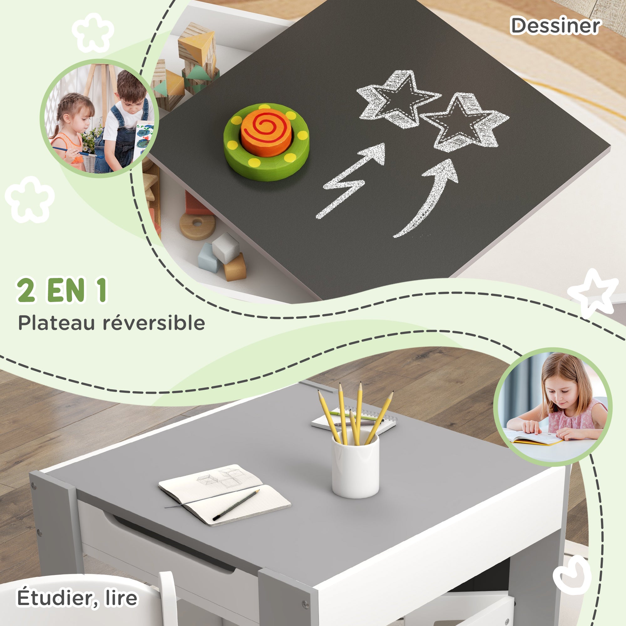 3-Piece Children's Table and 2 Chairs Set with Reversible Blackboard Tabletop, Storage Basket, Shelves - Gray