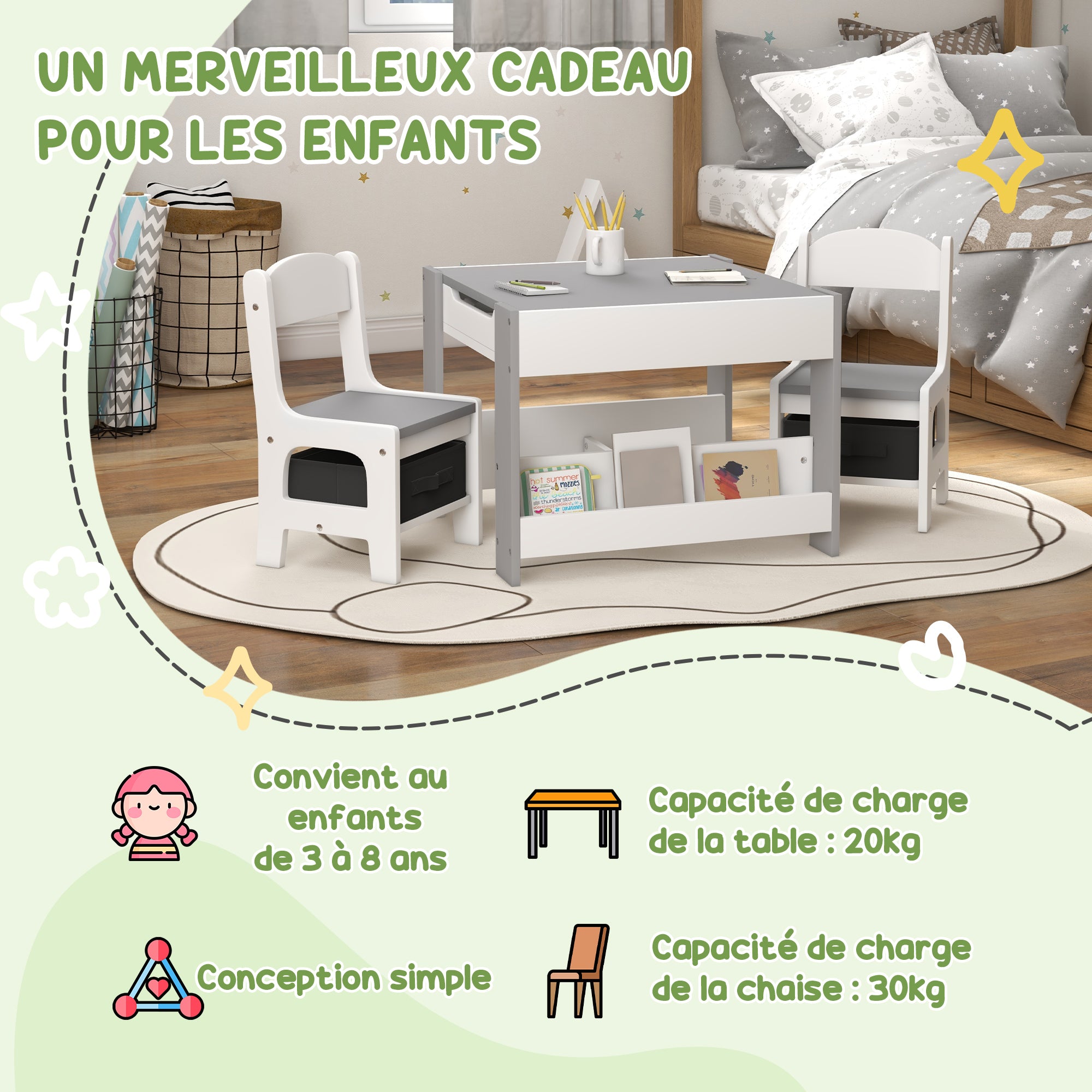 3-Piece Children's Table and 2 Chairs Set with Reversible Blackboard Tabletop, Storage Basket, Shelves - Gray