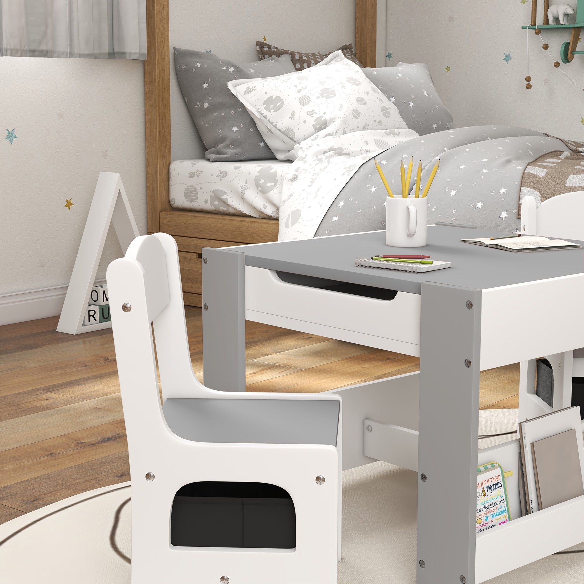 3-Piece Children's Table and 2 Chairs Set with Reversible Blackboard Tabletop, Storage Basket, Shelves - Gray