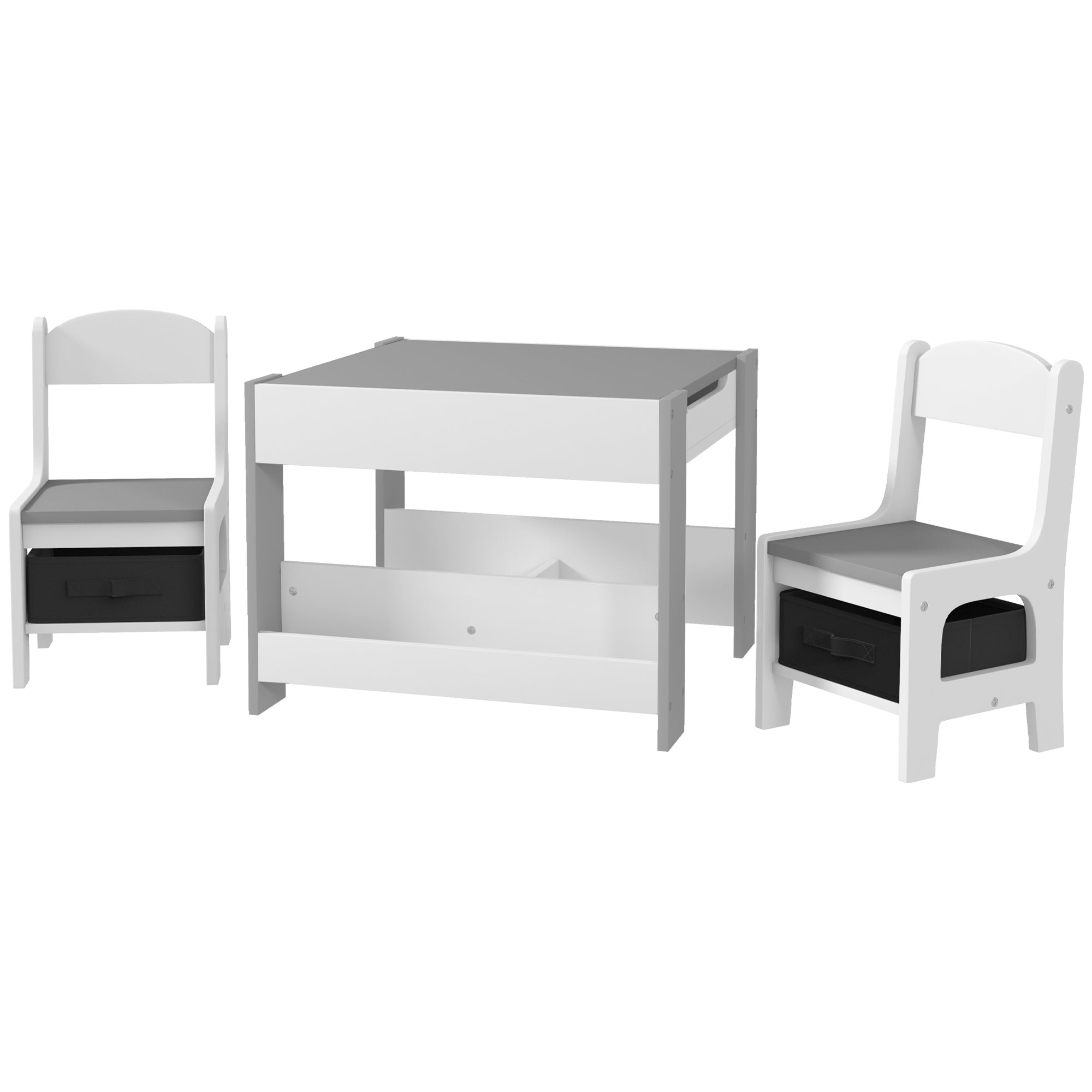 3-Piece Children's Table and 2 Chairs Set with Reversible Blackboard Tabletop, Storage Basket, Shelves - Gray