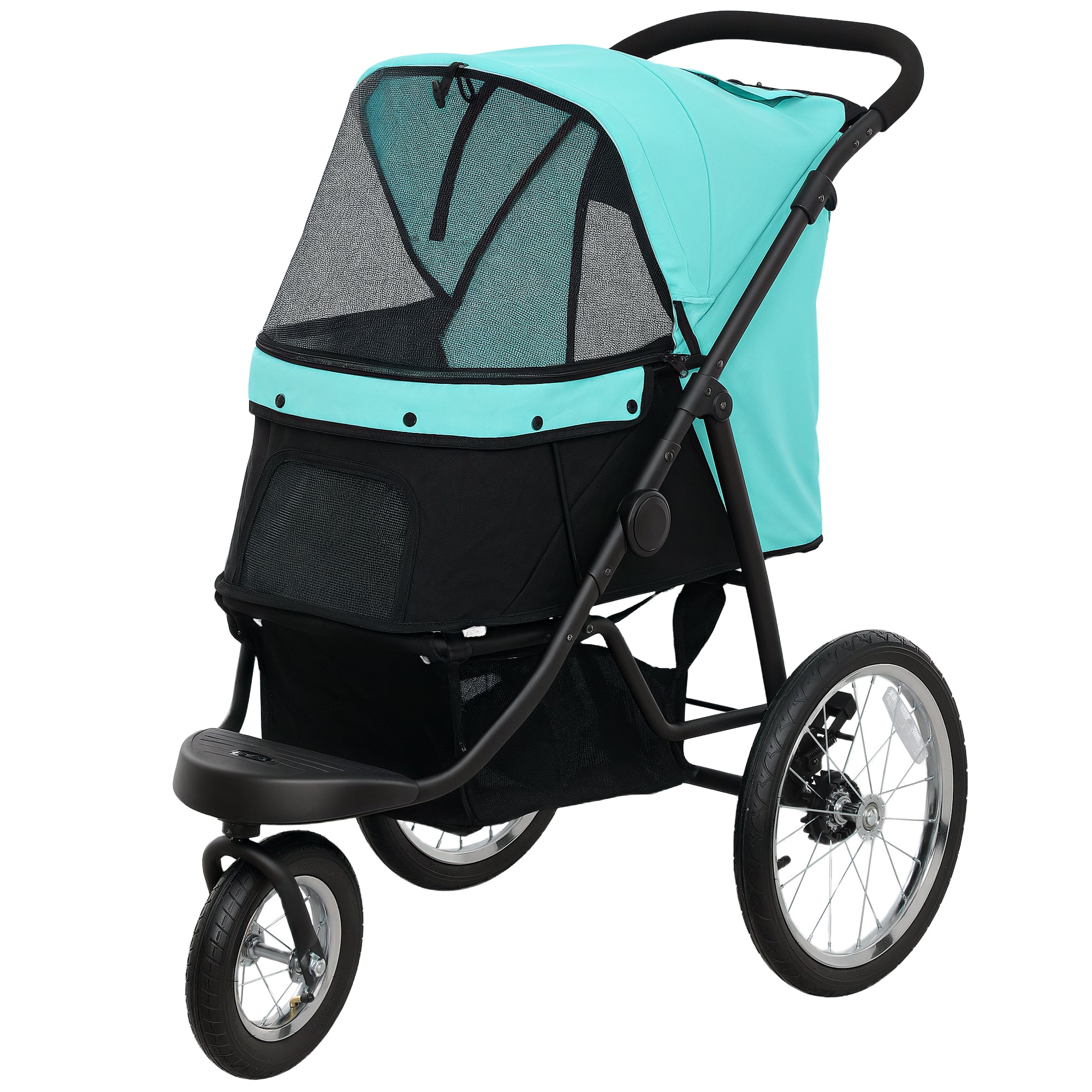 Dog Stroller Jogger Dog Buggy foldable for small dogs & cats up to 10 kg Cat stroller with 3 large rubber wheels, cushion net windows storage basket cat carriage with safety leashes, Turquoise