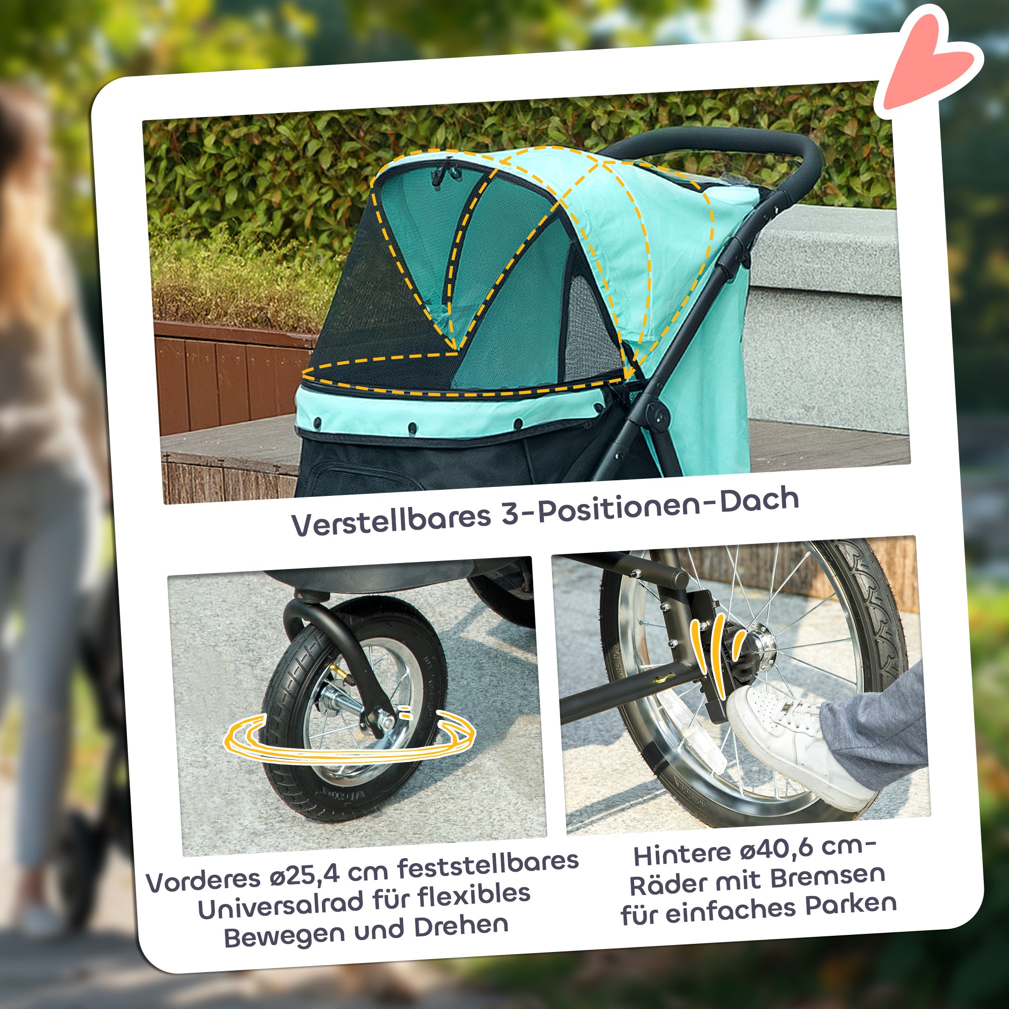 Dog Stroller Jogger Dog Buggy foldable for small dogs & cats up to 10 kg Cat stroller with 3 large rubber wheels, cushion net windows storage basket cat carriage with safety leashes, Turquoise