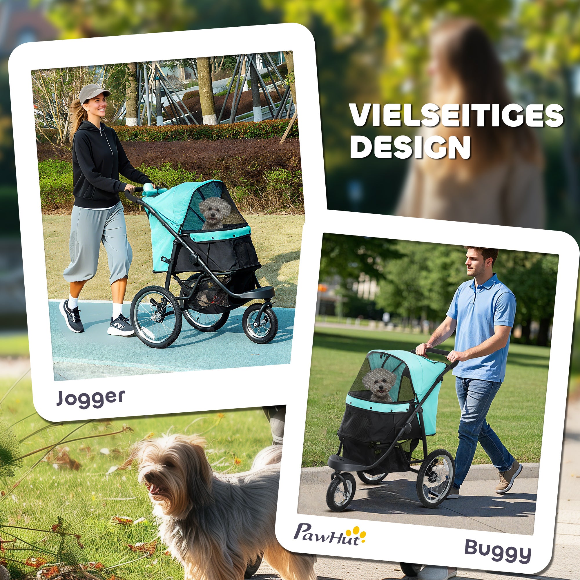 Dog Stroller Jogger Dog Buggy foldable for small dogs & cats up to 10 kg Cat stroller with 3 large rubber wheels, cushion net windows storage basket cat carriage with safety leashes, Turquoise