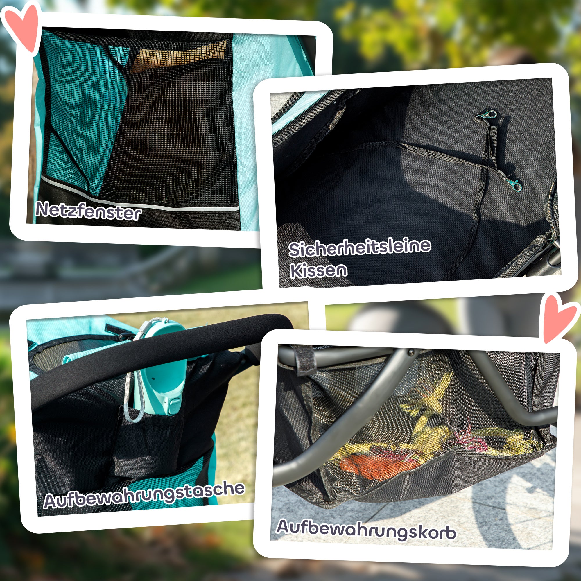 Dog Stroller Jogger Dog Buggy foldable for small dogs & cats up to 10 kg Cat stroller with 3 large rubber wheels, cushion net windows storage basket cat carriage with safety leashes, Turquoise