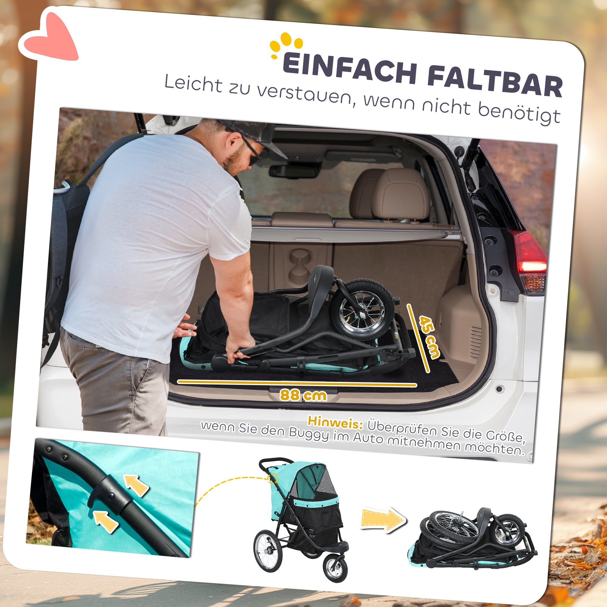 Dog Stroller Jogger Dog Buggy foldable for small dogs & cats up to 10 kg Cat stroller with 3 large rubber wheels, cushion net windows storage basket cat carriage with safety leashes, Turquoise