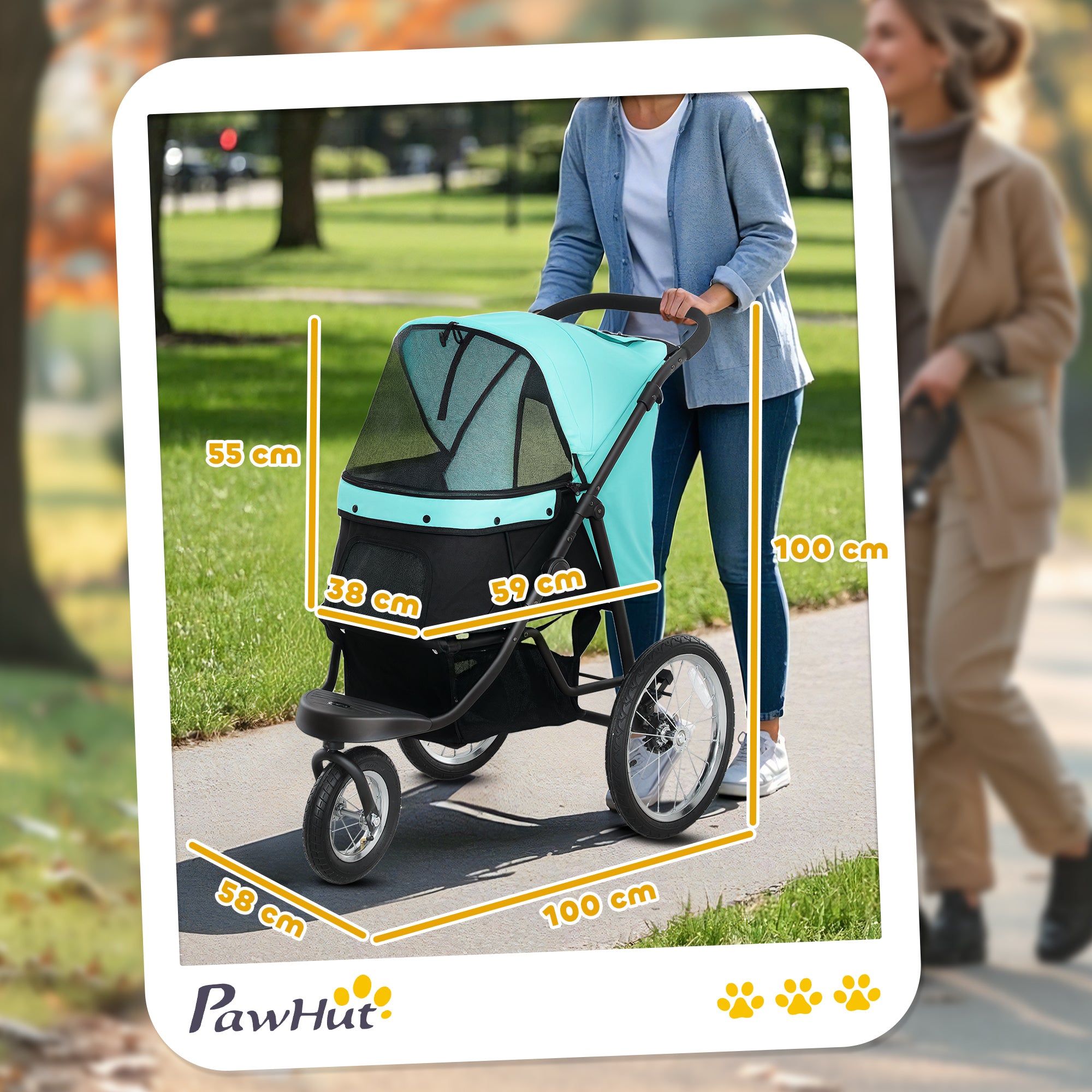 Dog Stroller Jogger Dog Buggy foldable for small dogs & cats up to 10 kg Cat stroller with 3 large rubber wheels, cushion net windows storage basket cat carriage with safety leashes, Turquoise