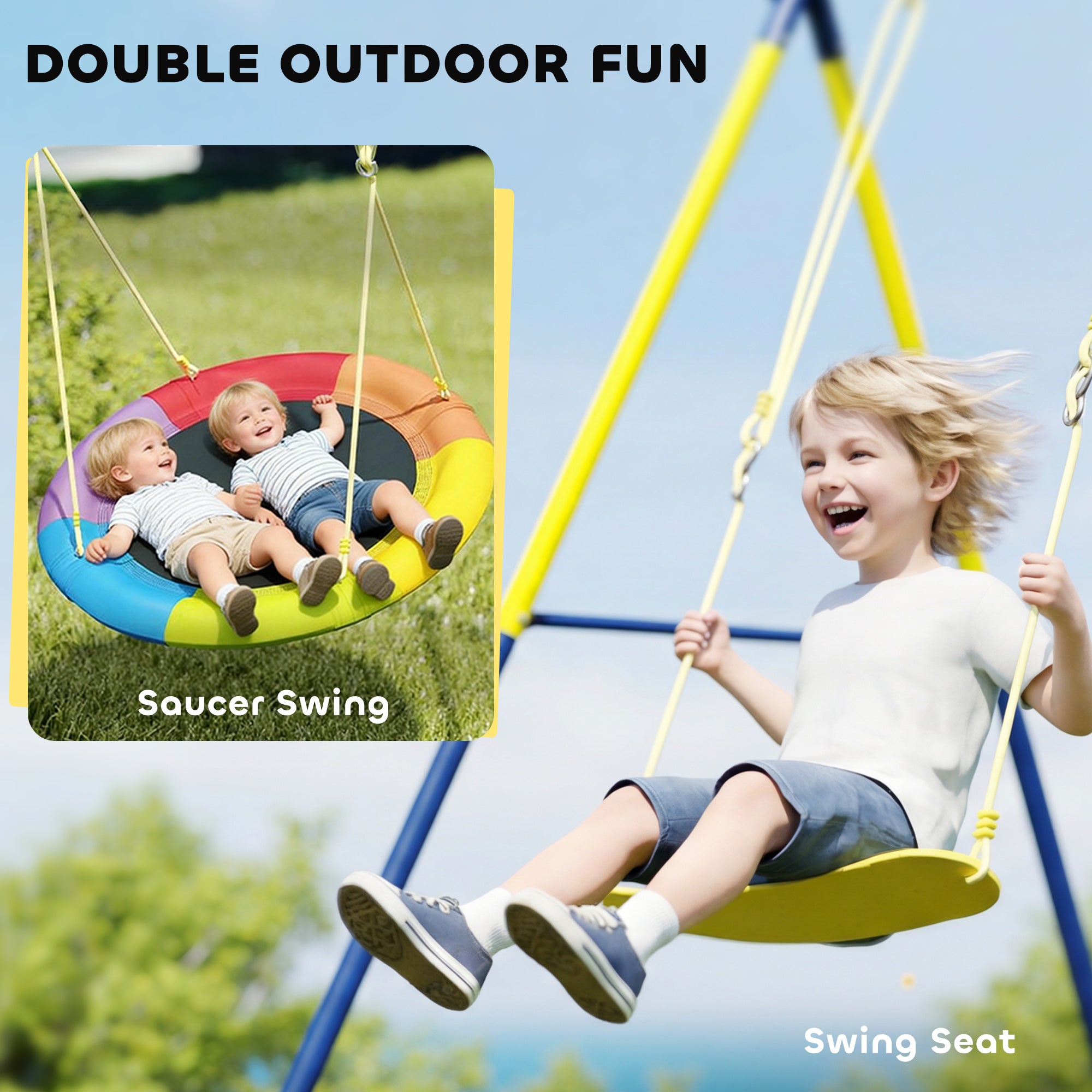Kids Double Swing Set – Outdoor Playground with Adjustable Ropes, Metal Frame, Ages 3–8, 330 lb Capacity, Multicolor