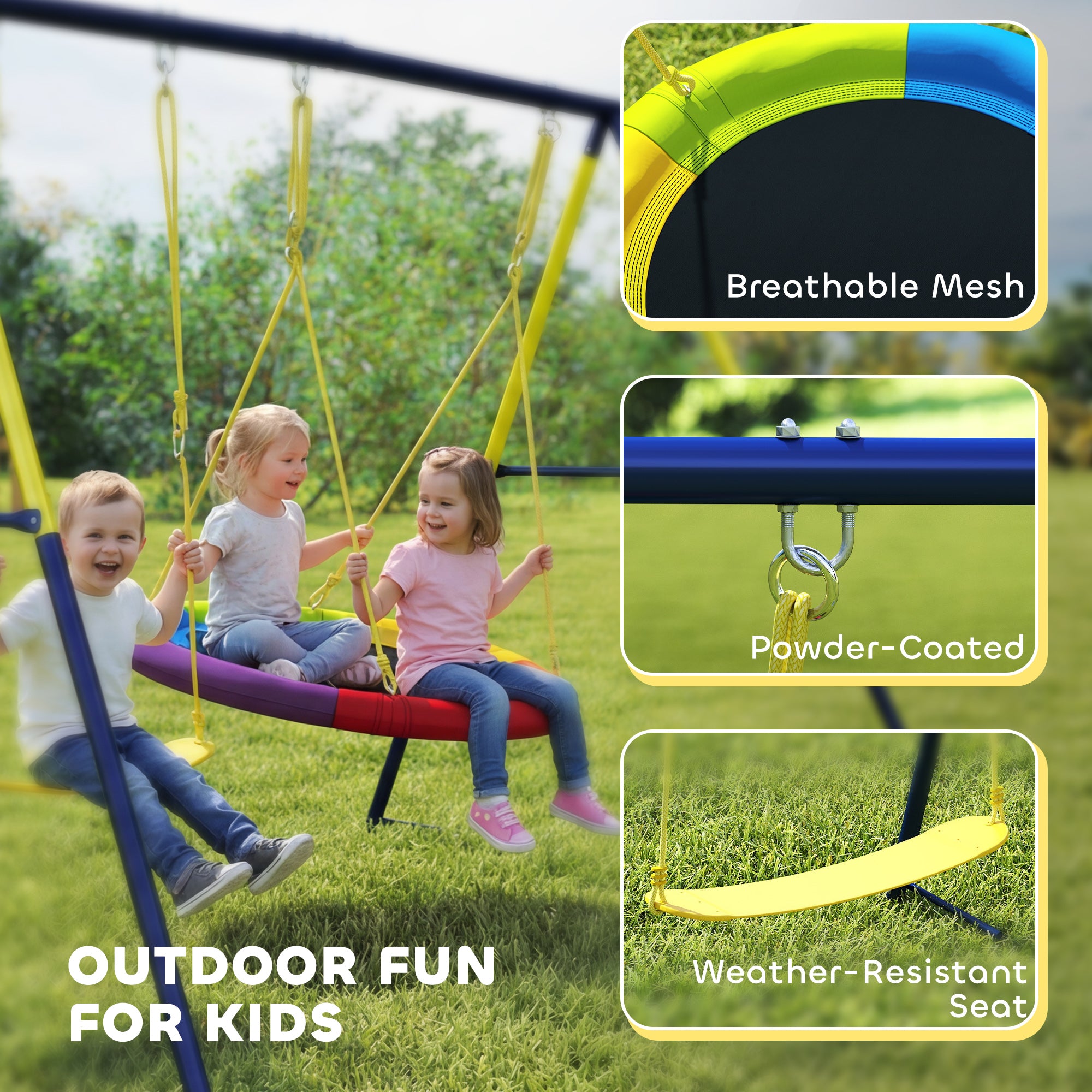 Kids Double Swing Set – Outdoor Playground with Adjustable Ropes, Metal Frame, Ages 3–8, 330 lb Capacity, Multicolor