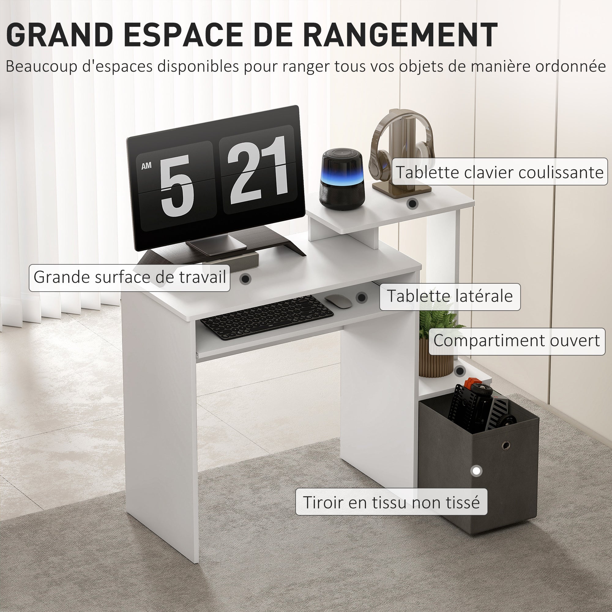 Multimedia Computer Desk Shelves Keyboard Tray Basket Gray Particle Boards White