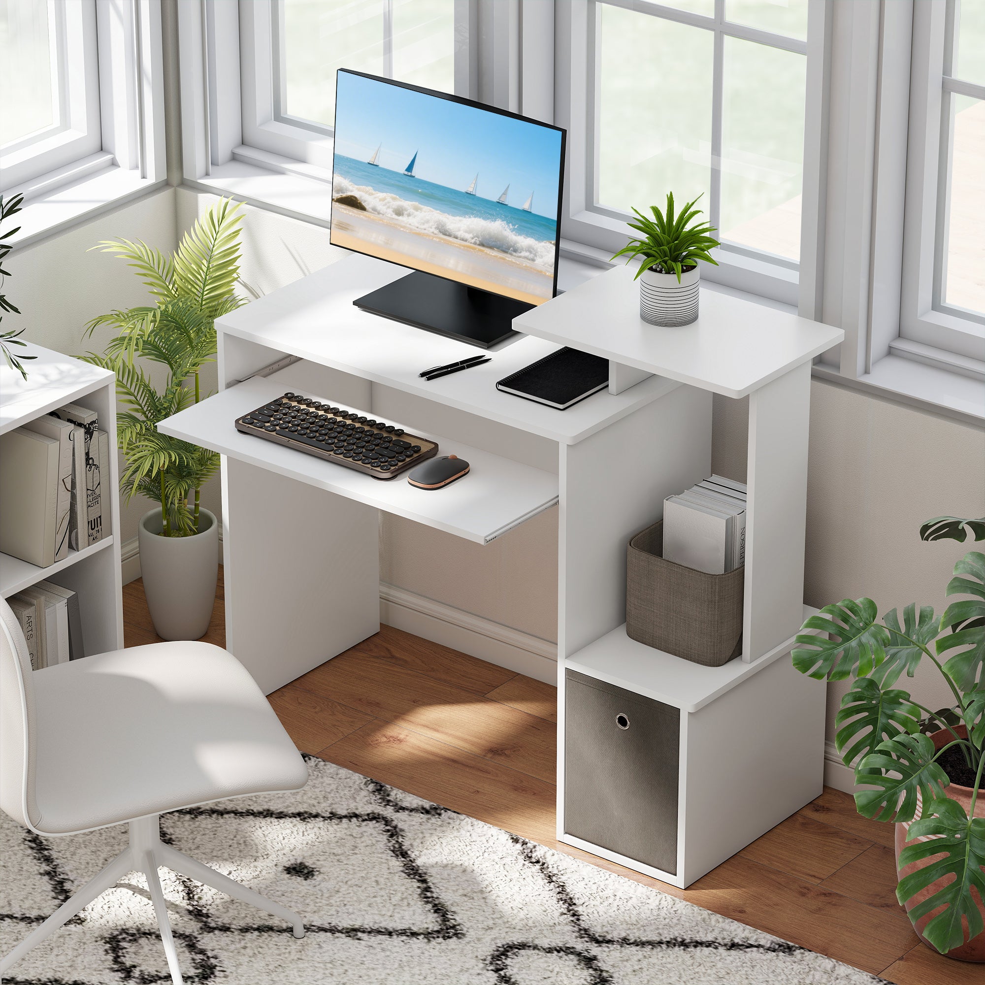 Multimedia Computer Desk Shelves Keyboard Tray Basket Gray Particle Boards White