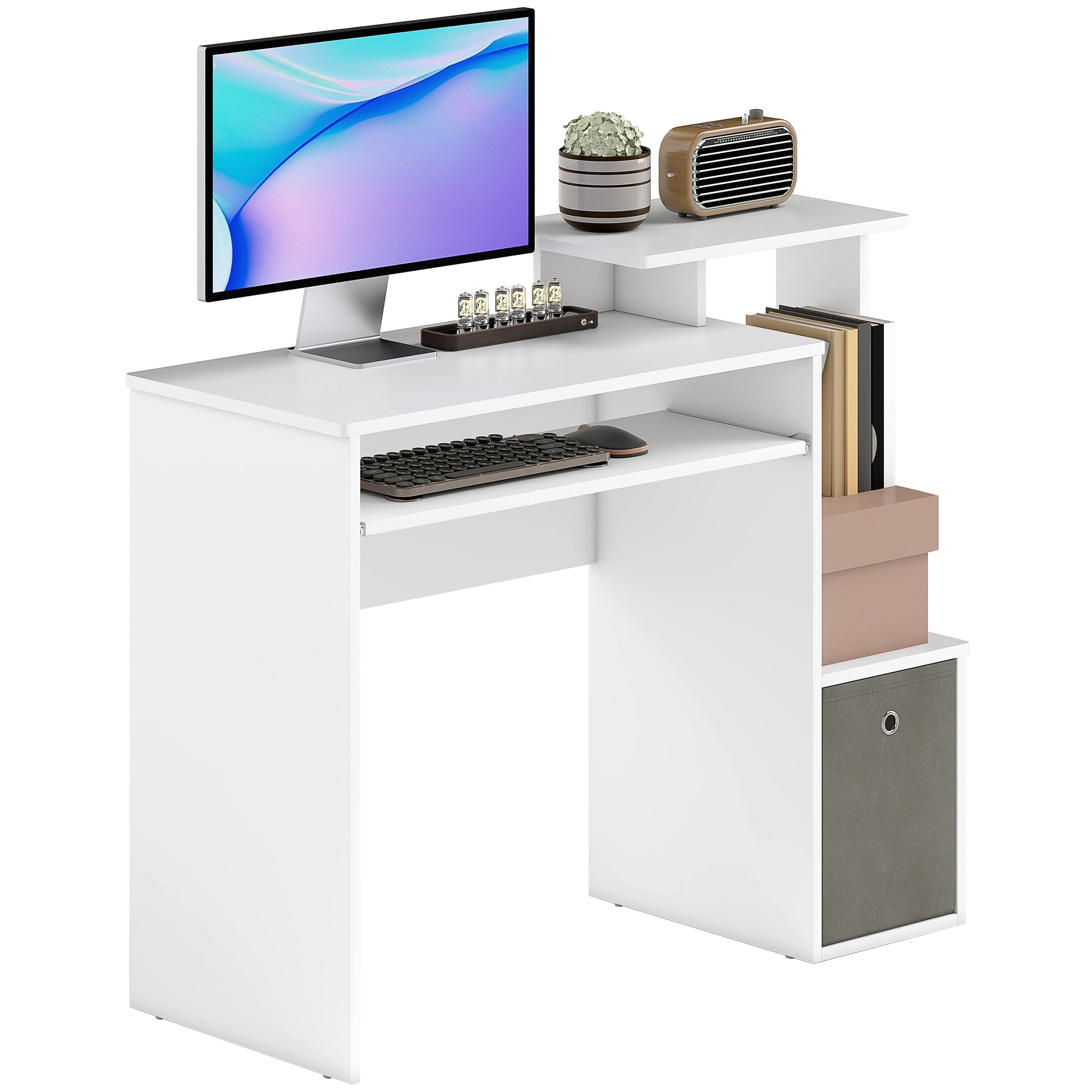 Multimedia Computer Desk Shelves Keyboard Tray Basket Gray Particle Boards White