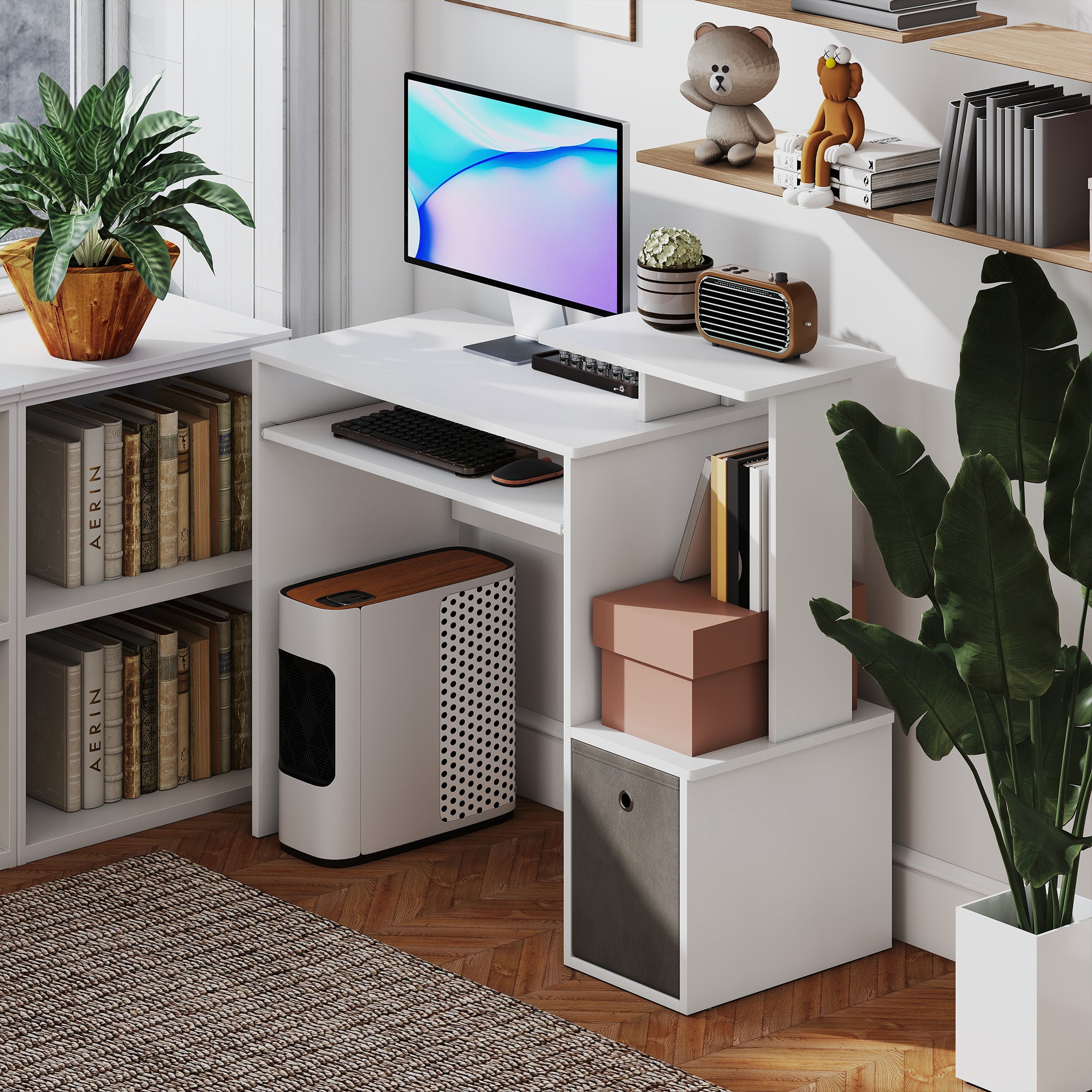 Multimedia Computer Desk Shelves Keyboard Tray Basket Gray Particle Boards White