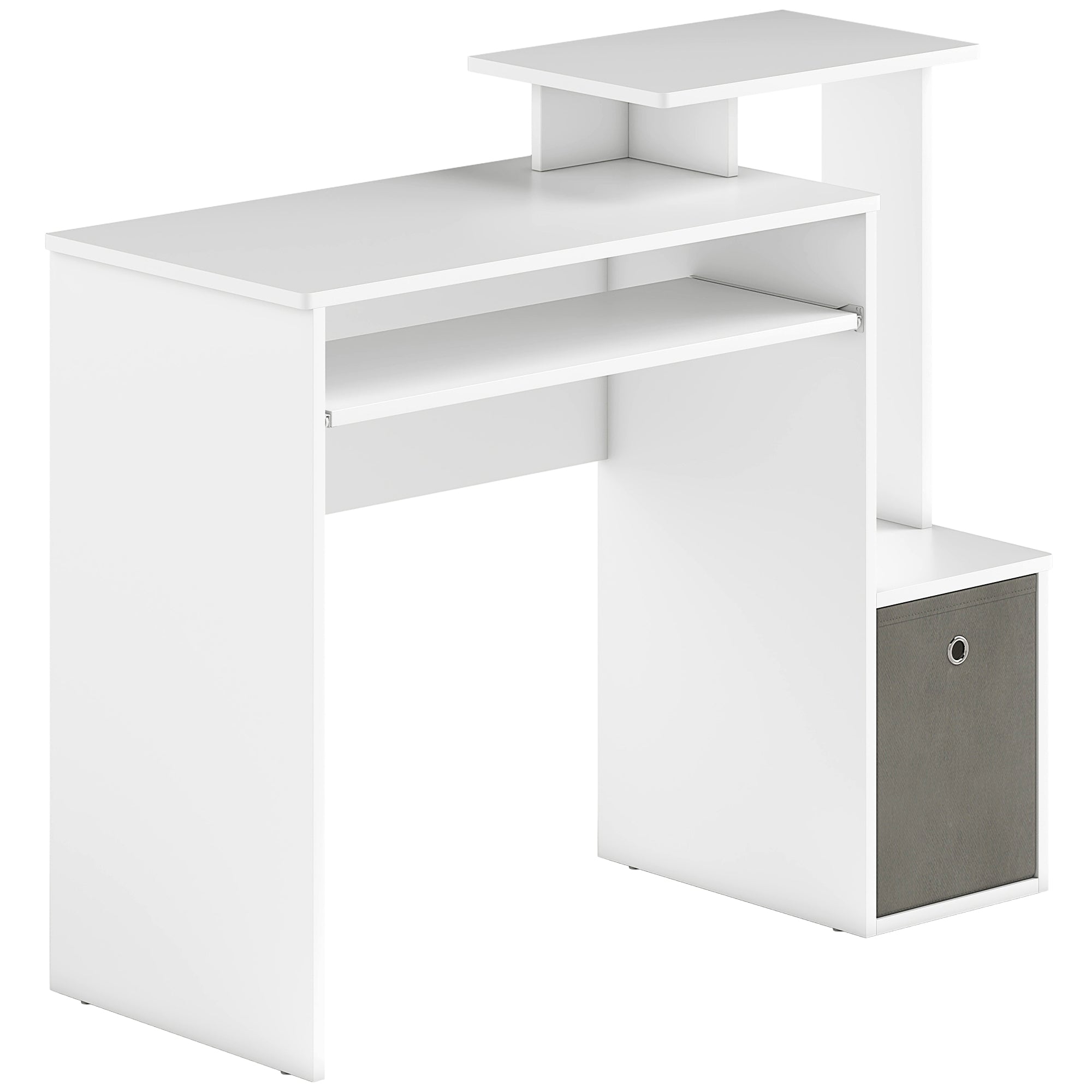 Multimedia Computer Desk Shelves Keyboard Tray Basket Gray Particle Boards White