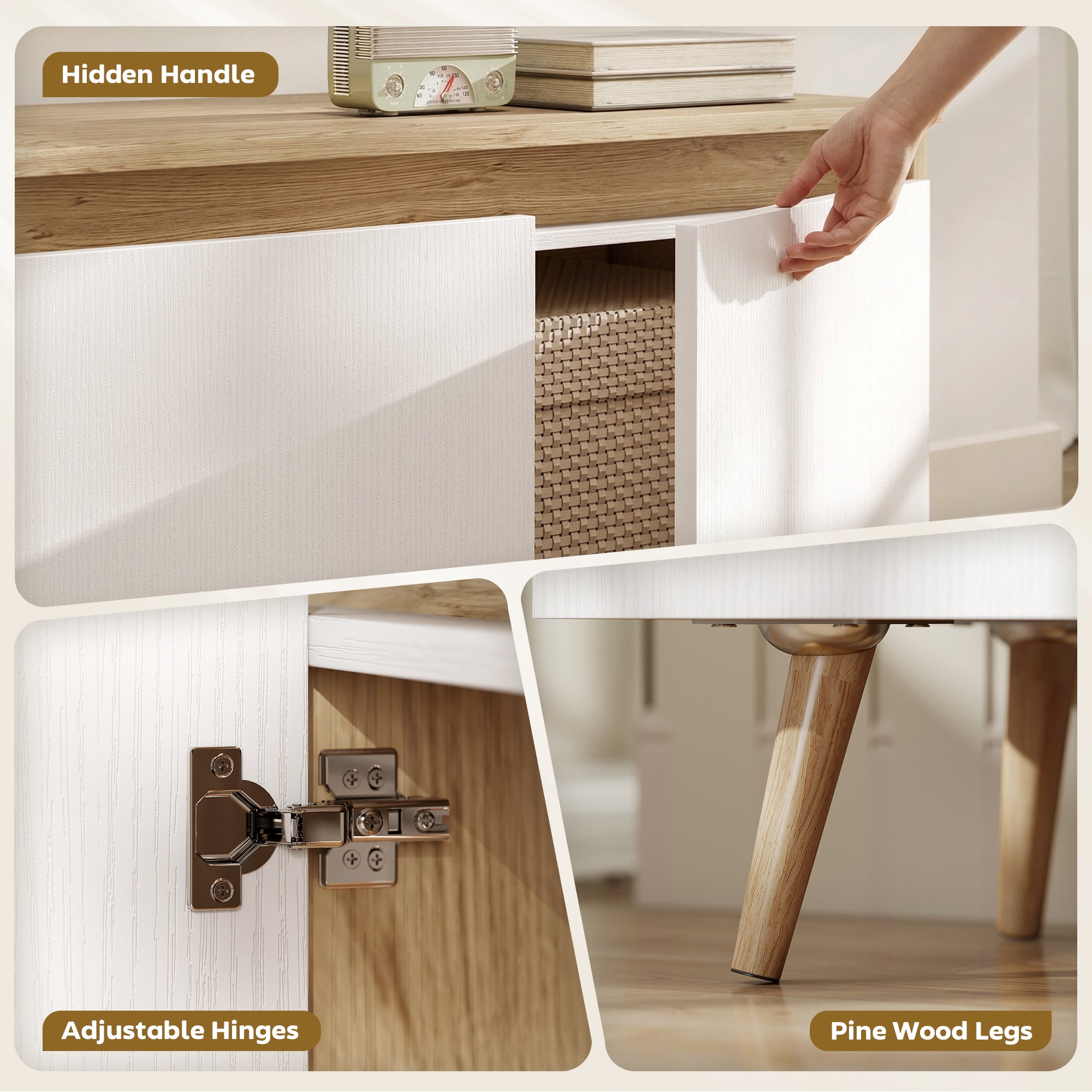 TV Cabinet for TVs up to 55" with 3 Doors and Adjustable Shelf – 5 Pine Legs, Oak & White