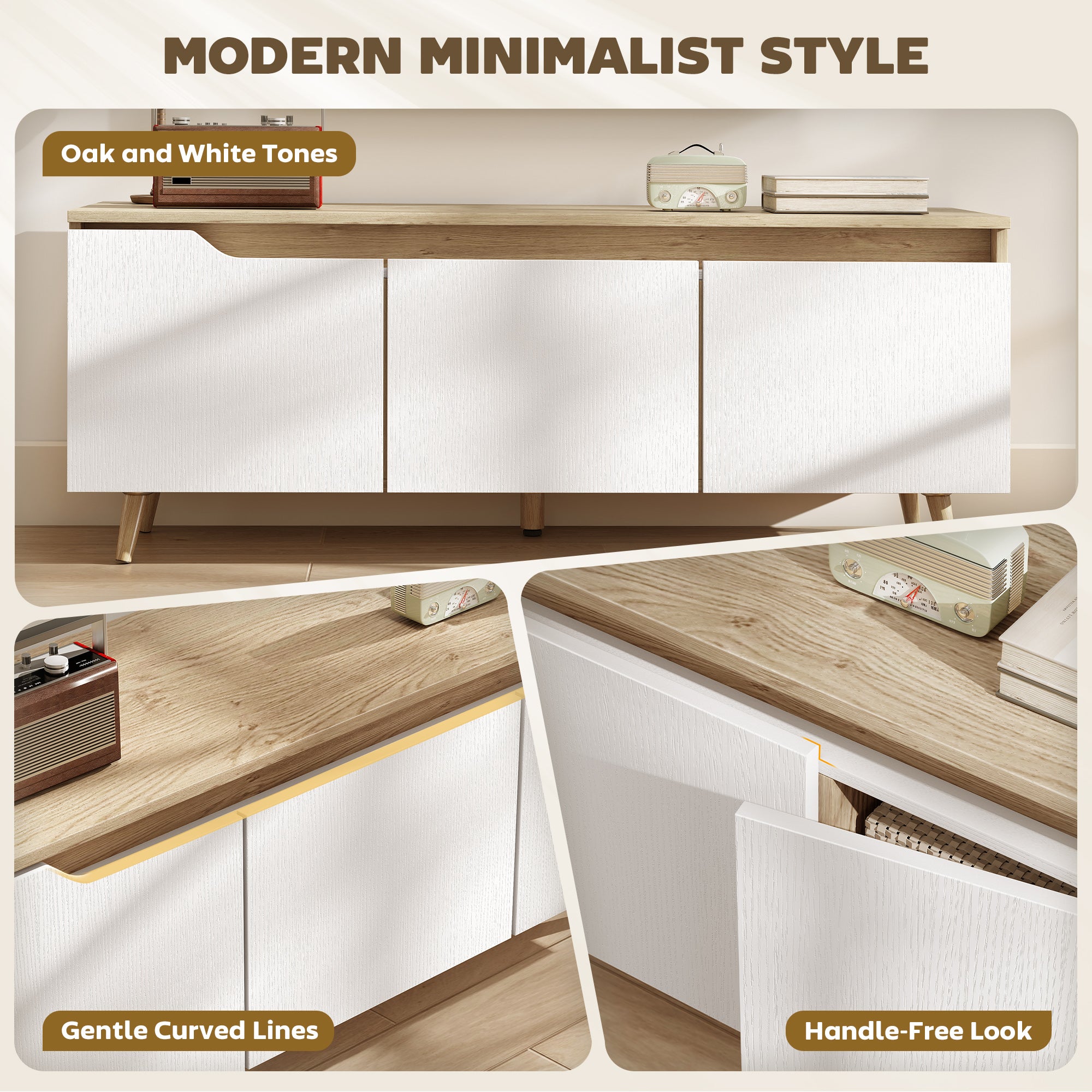 TV Cabinet for TVs up to 55" with 3 Doors and Adjustable Shelf – 5 Pine Legs, Oak & White