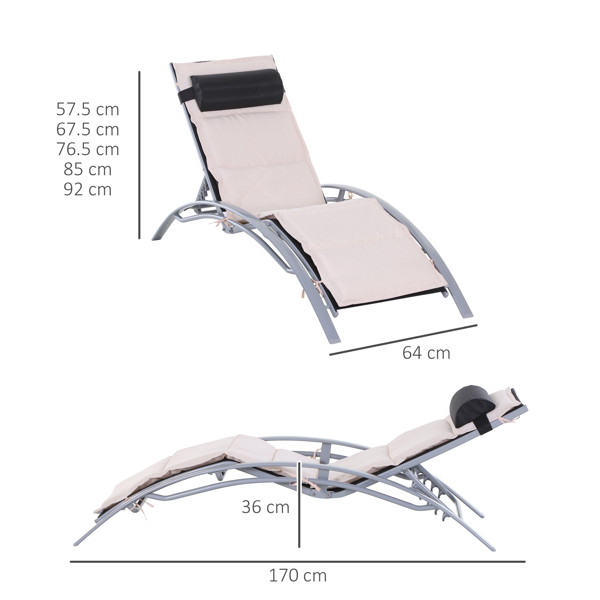 Sun Lounger Garden Lounger Garden Chair Reclining Chair Aluminium Adjustable Cream White 170 x 64 x 82 cm