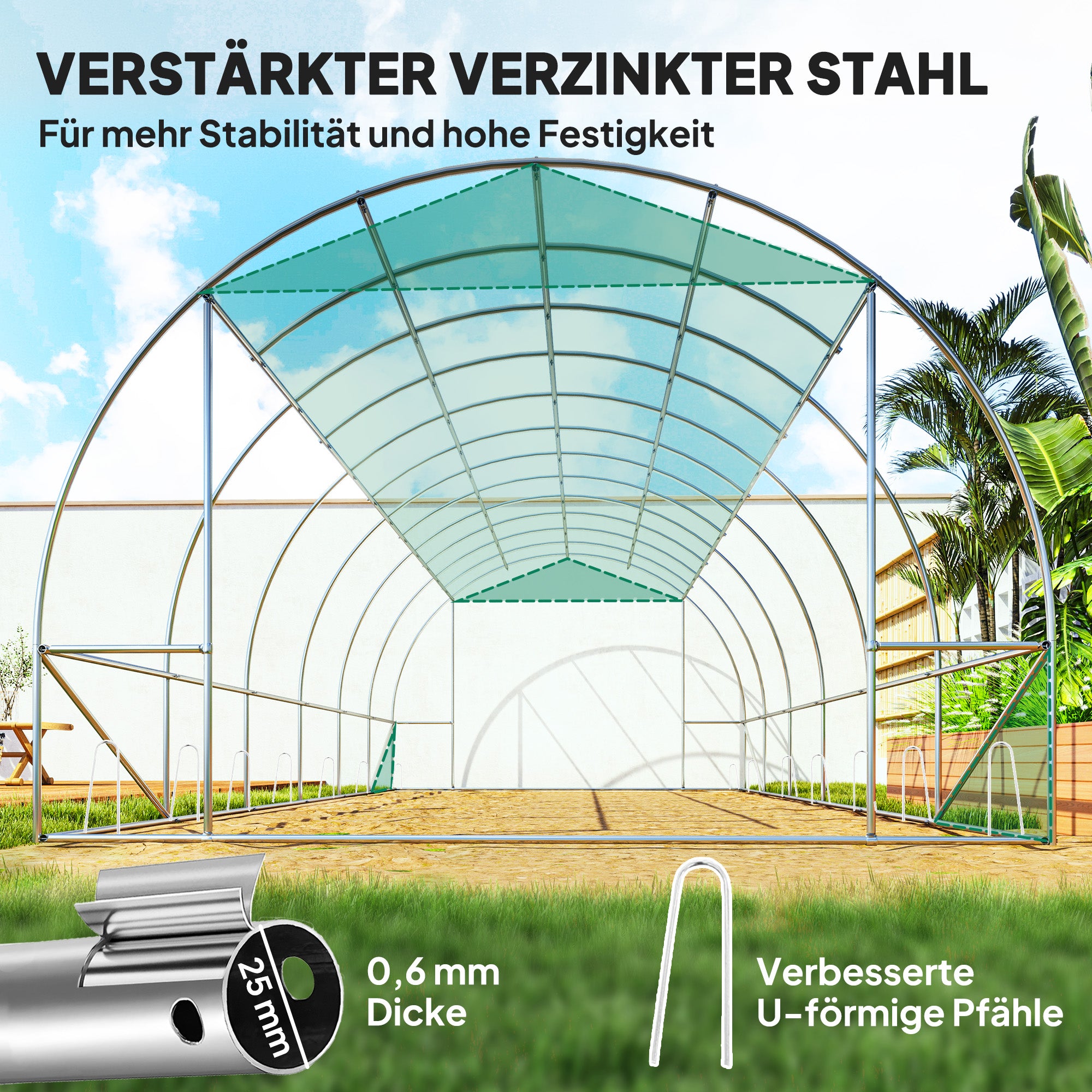 Greenhouse 300x600x200cm Foil Greenhouse Tomato House with Door, 12 Windows, Galvanized Steel Foil Tunnel, 170g/m² PE, Stable Plant Tunnel, Greenhouse incl. Ground Anchors & Ropes, Green