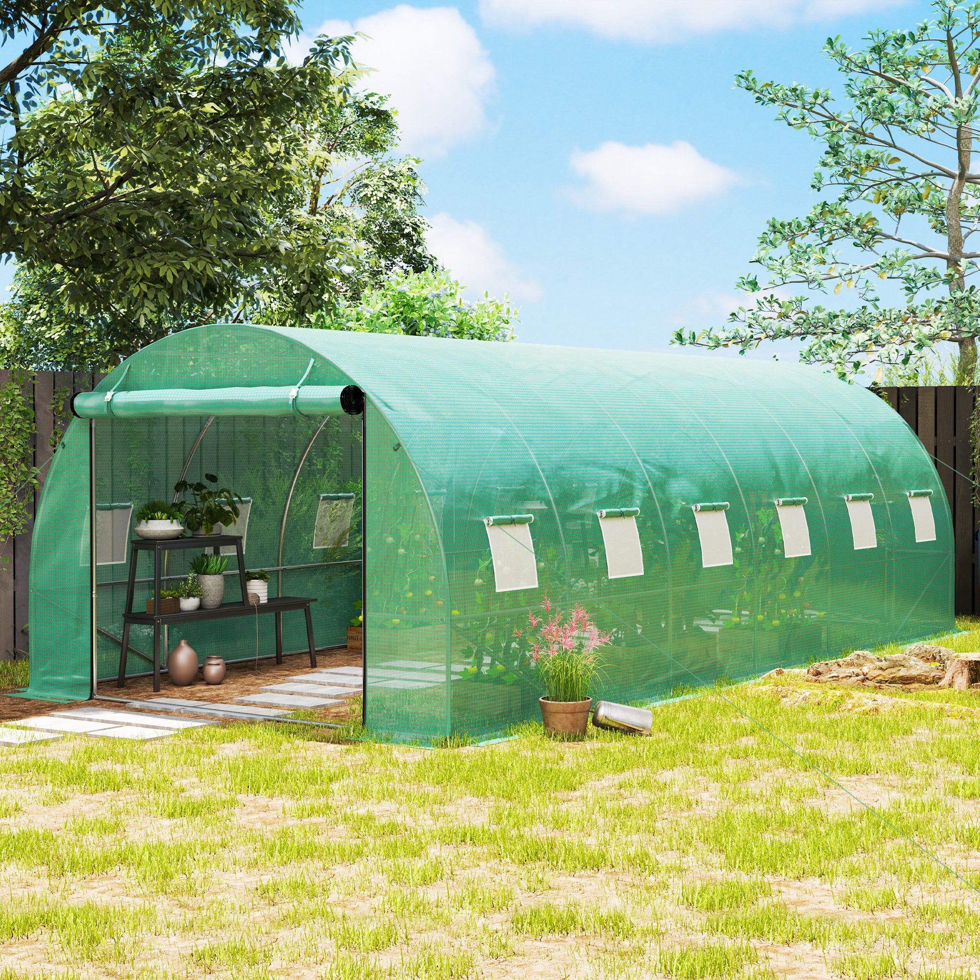 Greenhouse 300x600x200cm Foil Greenhouse Tomato House with Door, 12 Windows, Galvanized Steel Foil Tunnel, 170g/m² PE, Stable Plant Tunnel, Greenhouse incl. Ground Anchors & Ropes, Green