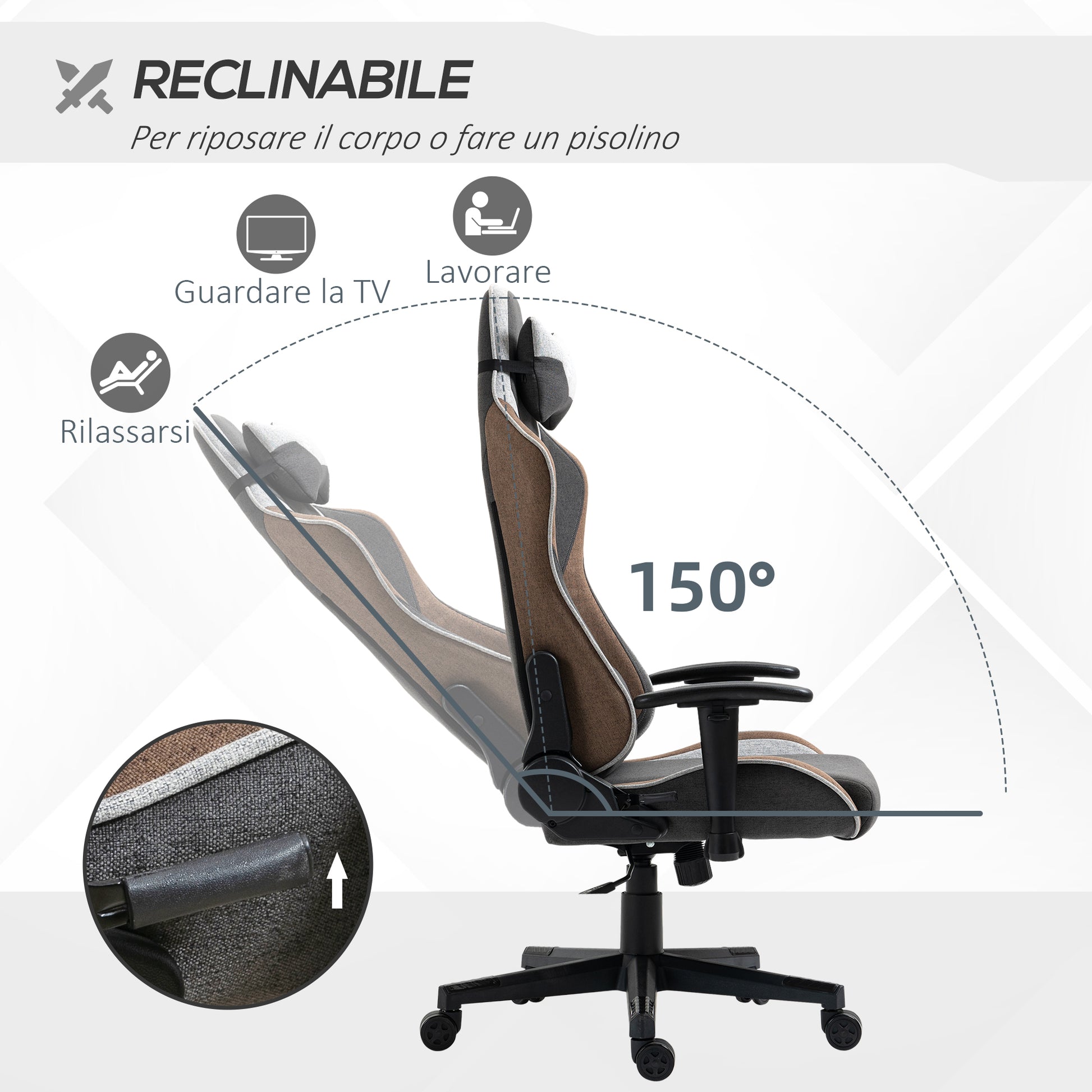 Ergonomic Gaming Chair with Armrests, Headrest, Adjustable Height, Reclining Office Gaming Armchair in Linen Effect Fabric with Rocking Function, Lumbar Support, Light Brown