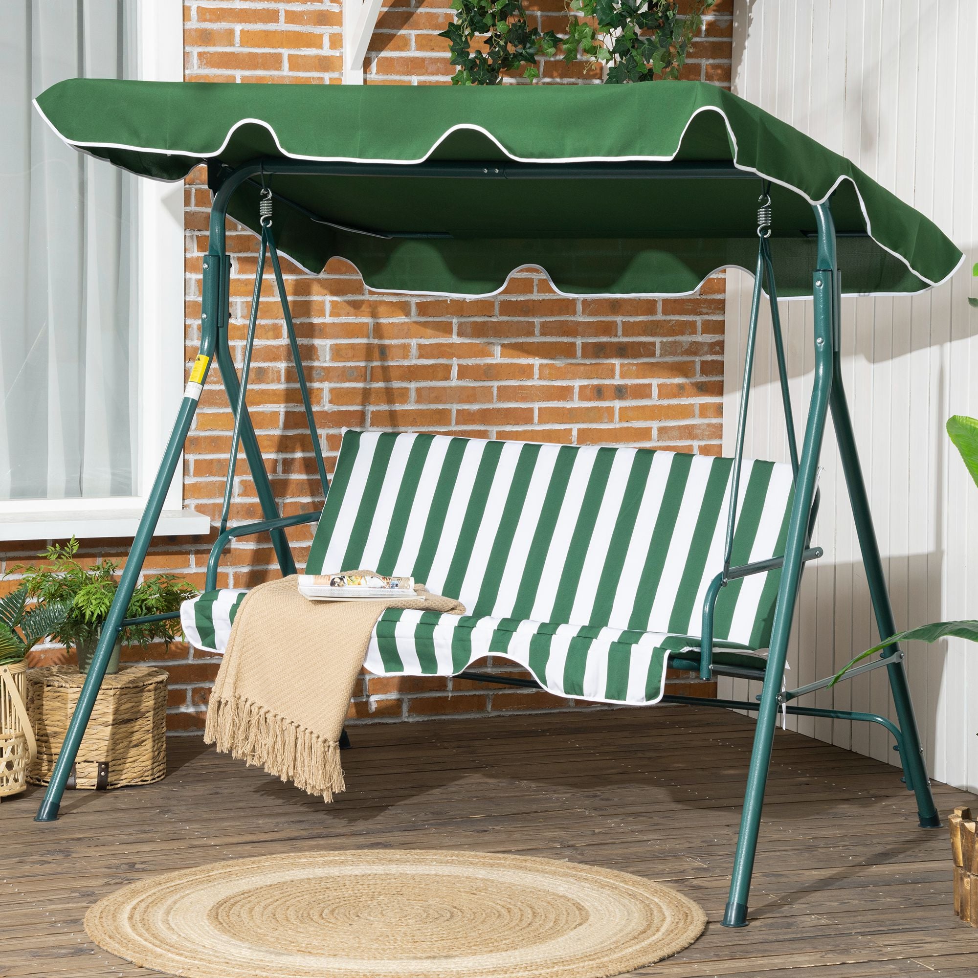 3-Seater Outdoor Garden Swing Chair with Adjustable Canopy and Steel Frame for Balcony, Terrace, Patio Load 240 kg 172x110x153 cm Green Stripe