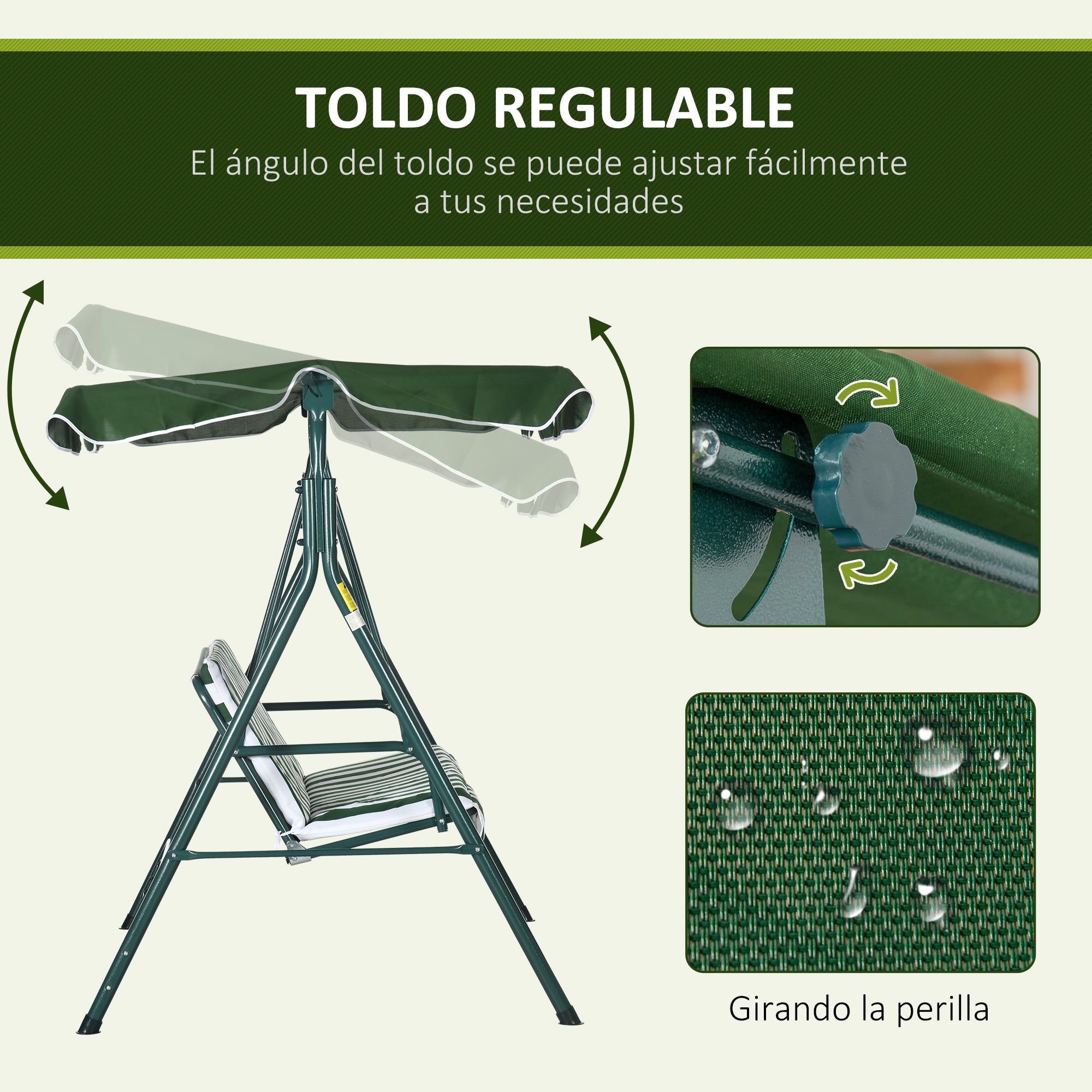 3-Seater Outdoor Garden Swing Chair with Adjustable Canopy and Steel Frame for Balcony, Terrace, Patio Load 240 kg 172x110x153 cm Green Stripe