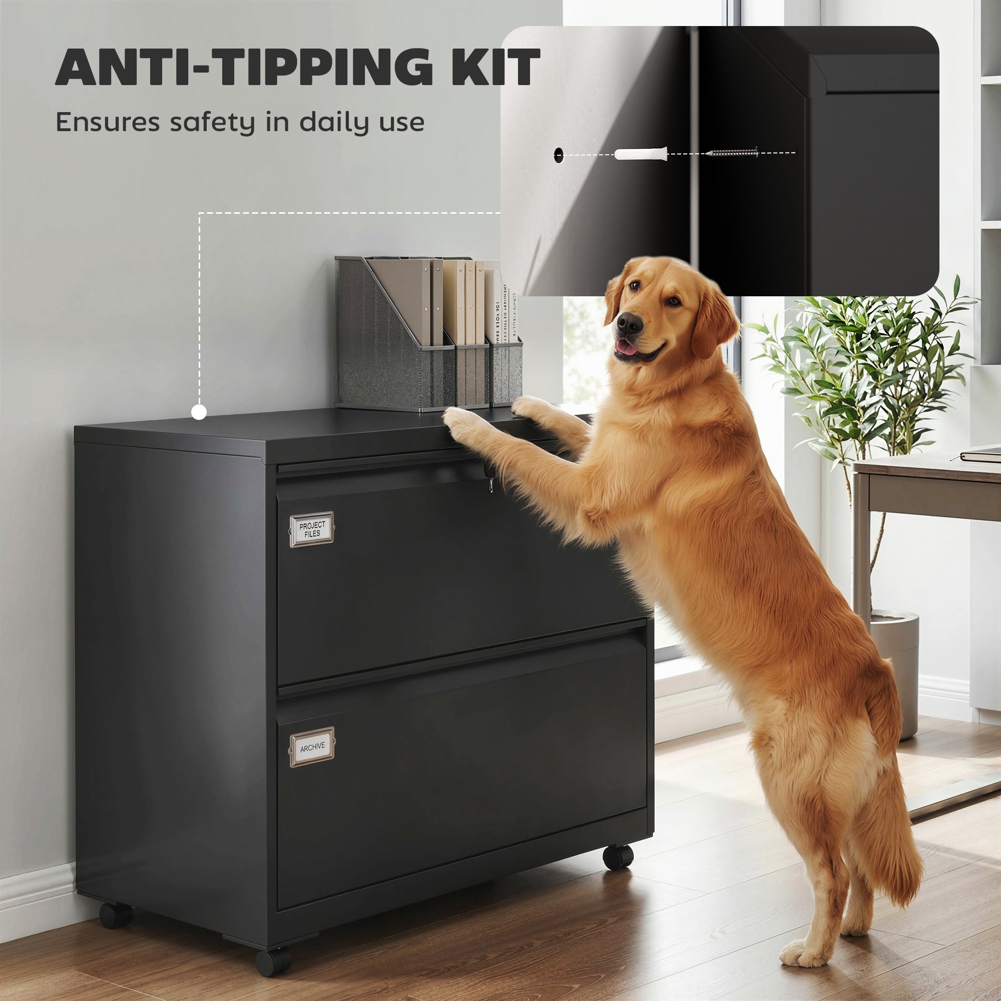 Mobile 2-Drawer Lockable Filing Cabinet with Adjustable Hanging Rails, Steel File Cabinet for Office & Home, Black, 35.4 x 15.7 x 30.5 in