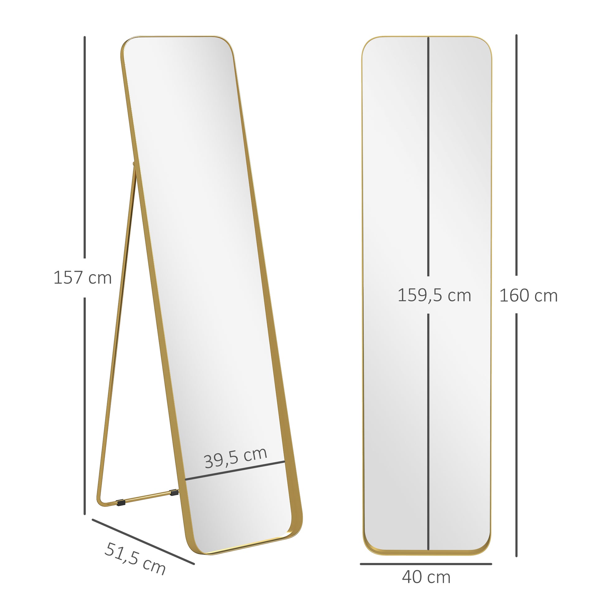 Full Body Mirror 160 x 40 cm Slimming Floor Mirror with Metal Frame and Shatterproof Glass, Stand Mirror for Standing, Leaning, Mirror for Living Room, Bedroom, Hallway, Gold